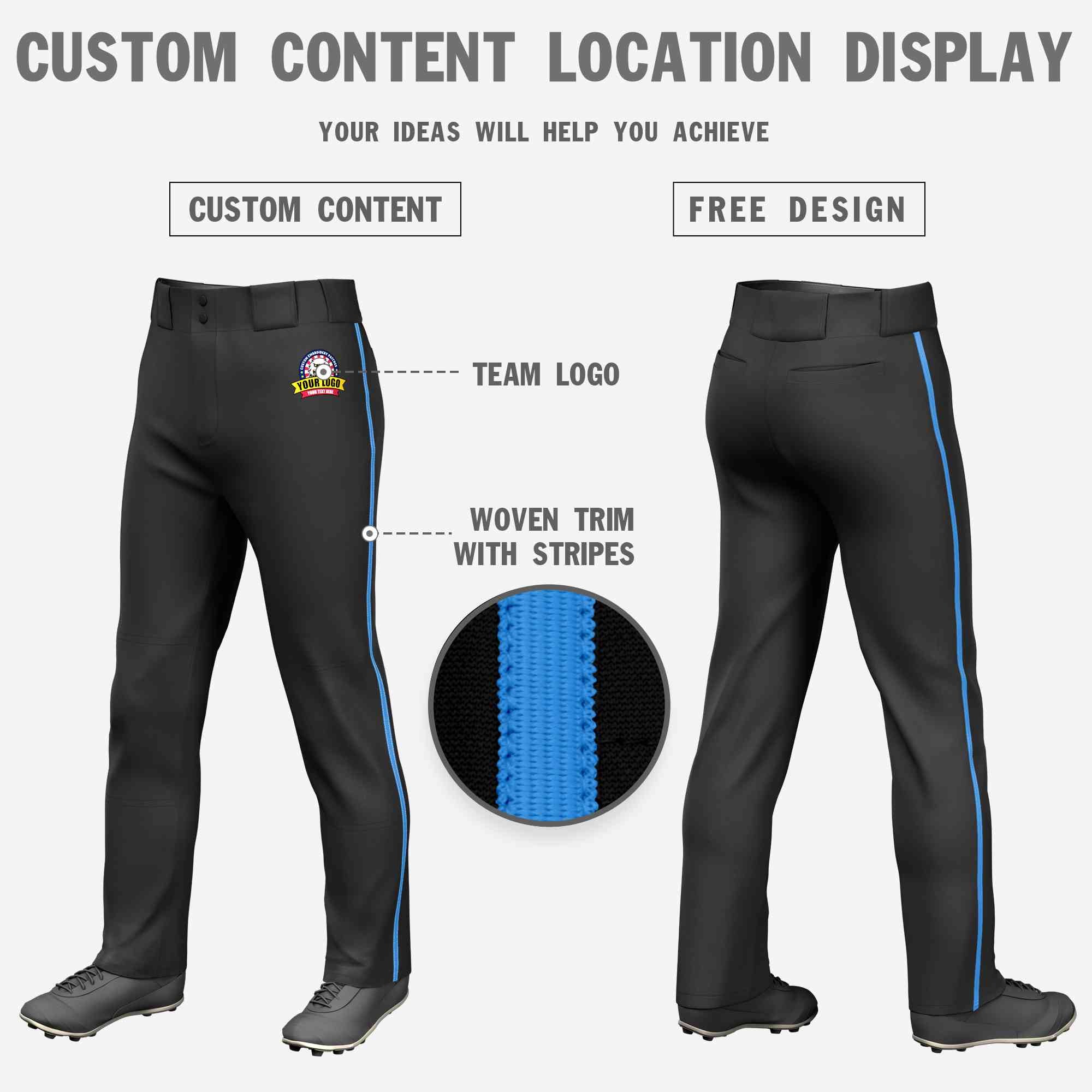 Custom Black Powder Blue Classic Fit Stretch Practice Loose-fit Baseball Pants