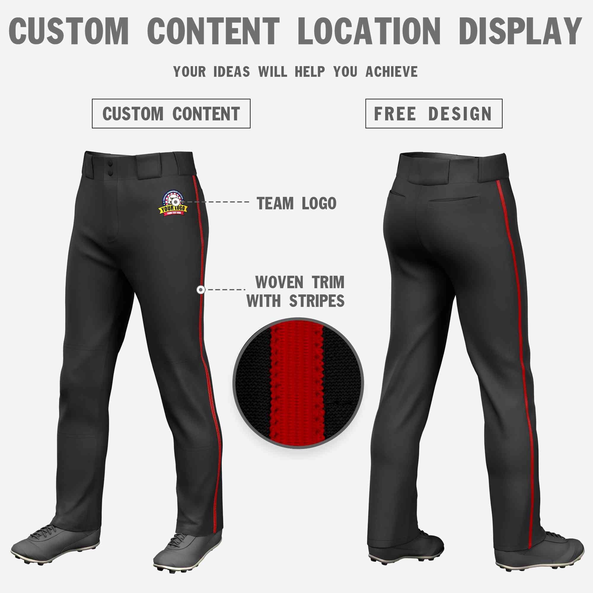 Custom Black Red Classic Fit Stretch Practice Loose-fit Baseball Pants