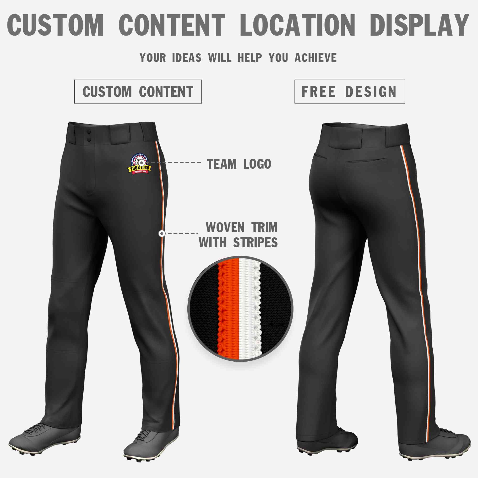 Custom Black Orange-White Classic Fit Stretch Practice Loose-fit Baseball Pants