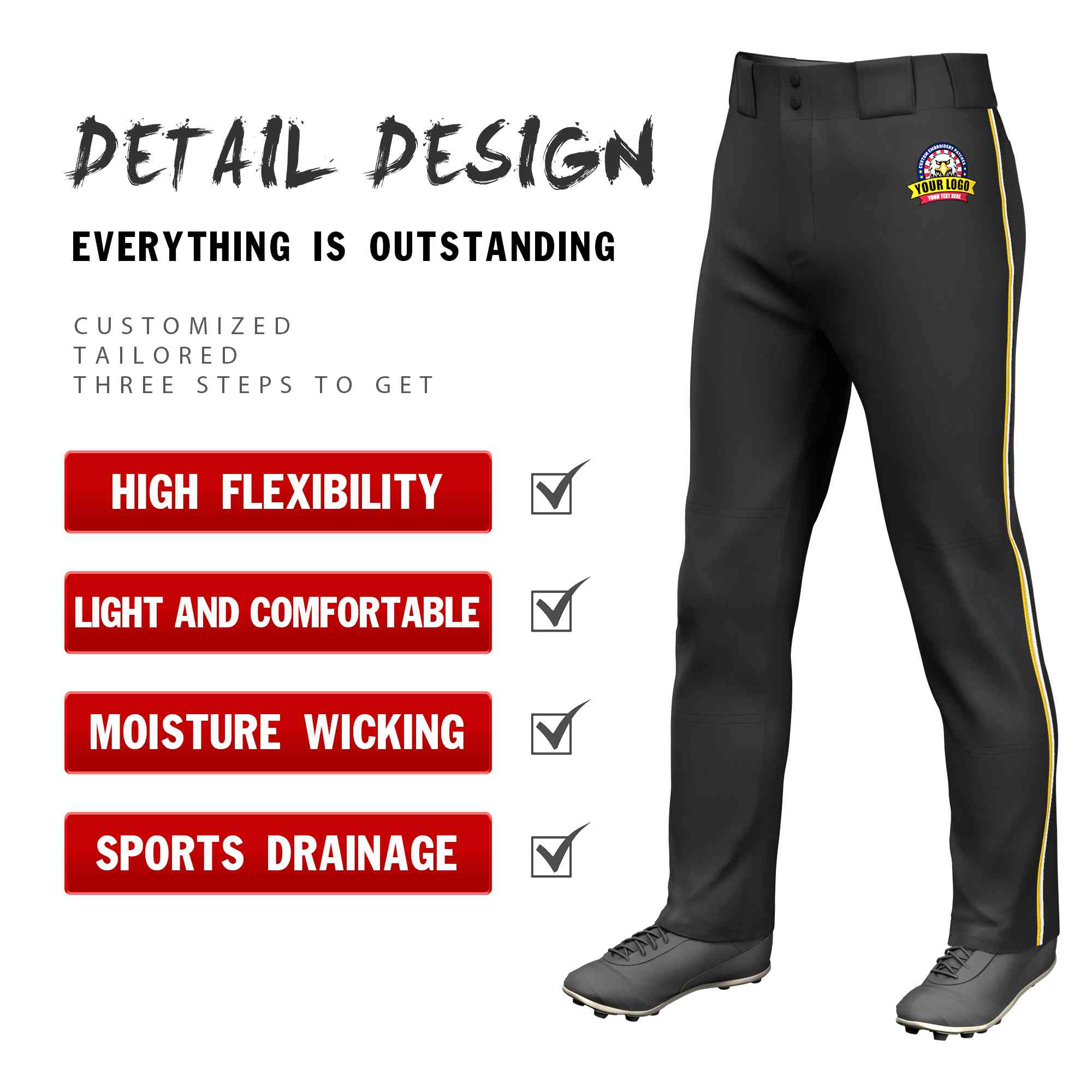 Custom Black Gold-White Classic Fit Stretch Practice Loose-fit Baseball Pants