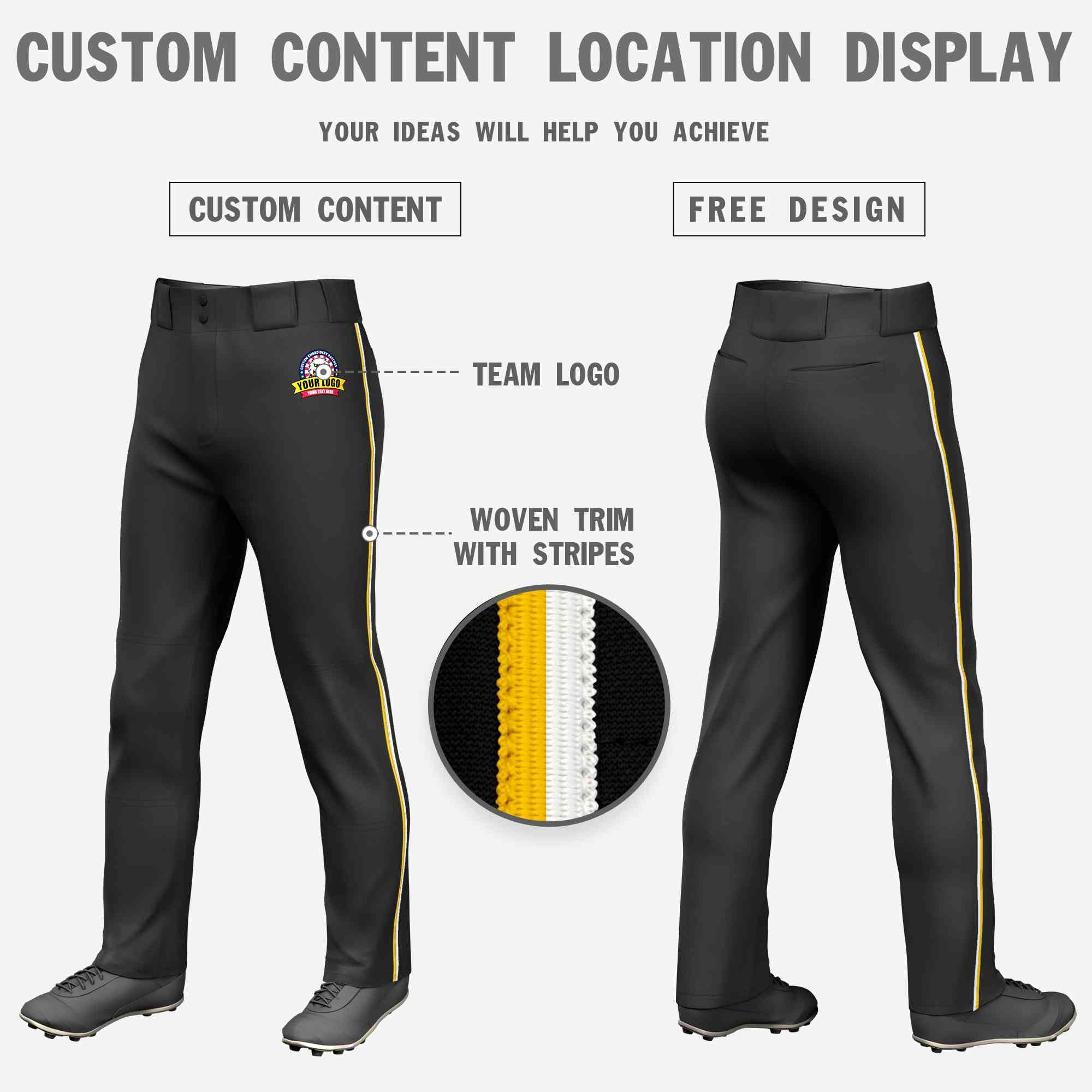 Custom Black Gold-White Classic Fit Stretch Practice Loose-fit Baseball Pants