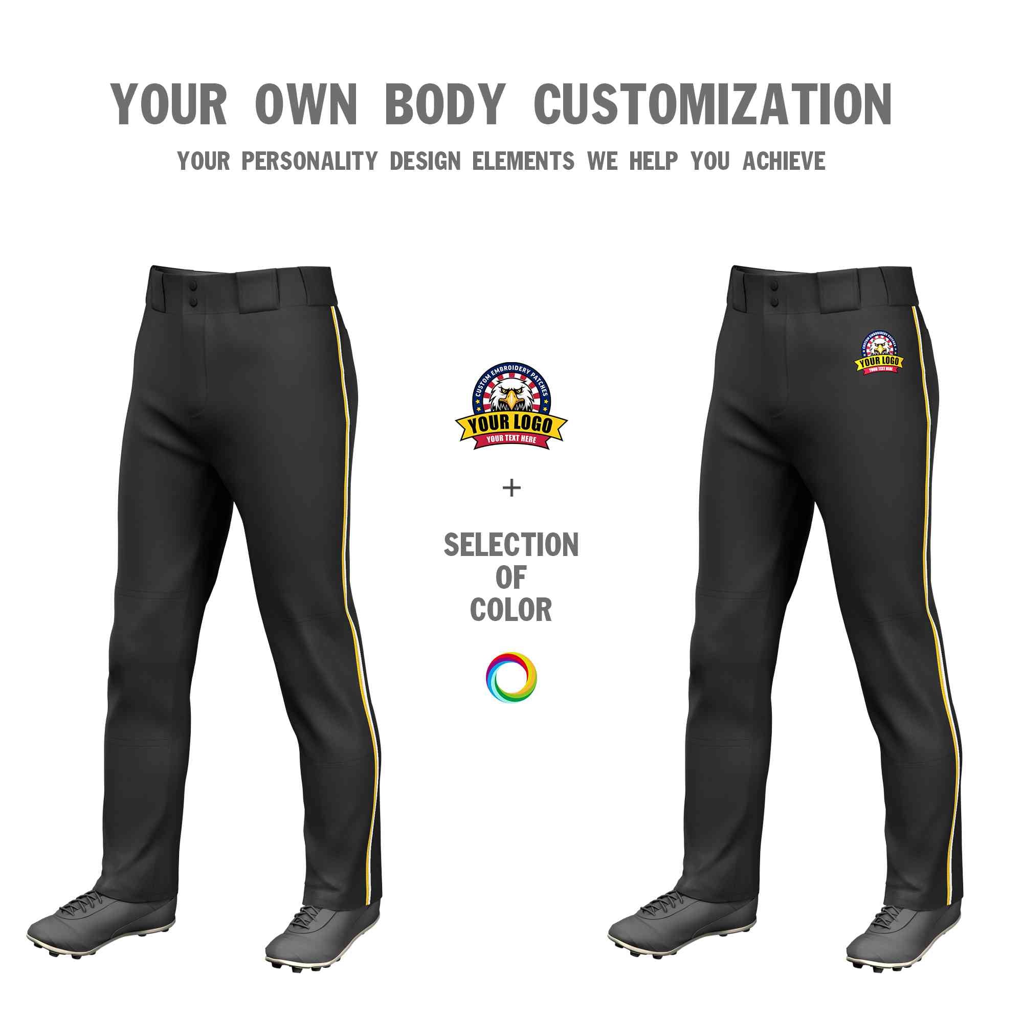 Custom Black Gold-White Classic Fit Stretch Practice Loose-fit Baseball Pants