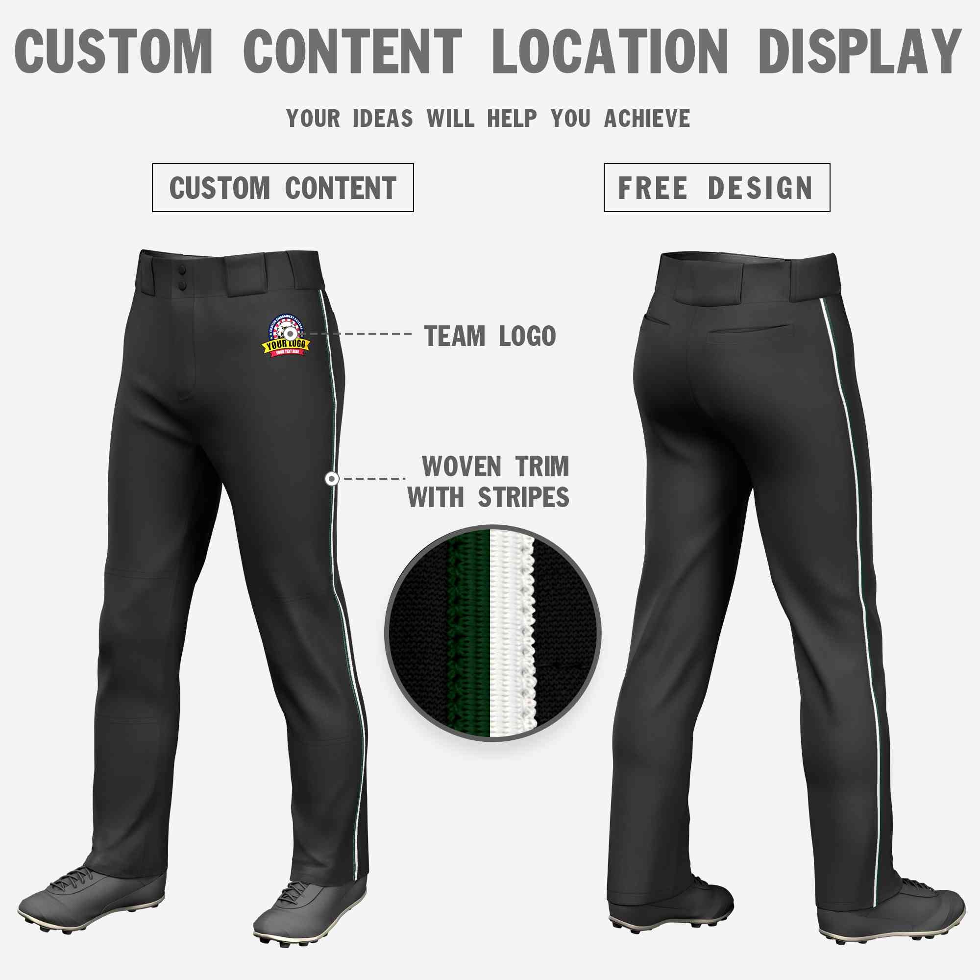 Pantalon de baseball coupe ample, coupe classique, extensible, personnalisé, noir, vert et blanc