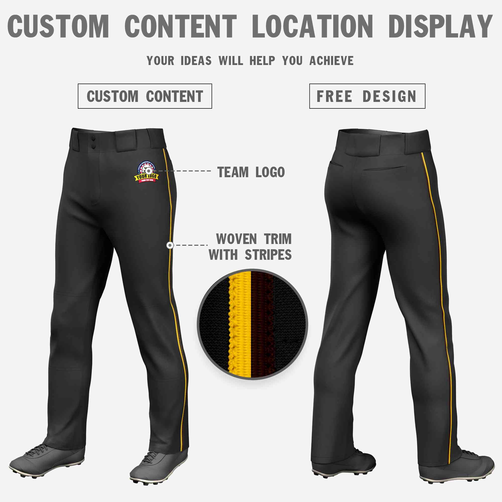 Custom Black Gold-Brown Classic Fit Stretch Practice Loose-fit Baseball Pants