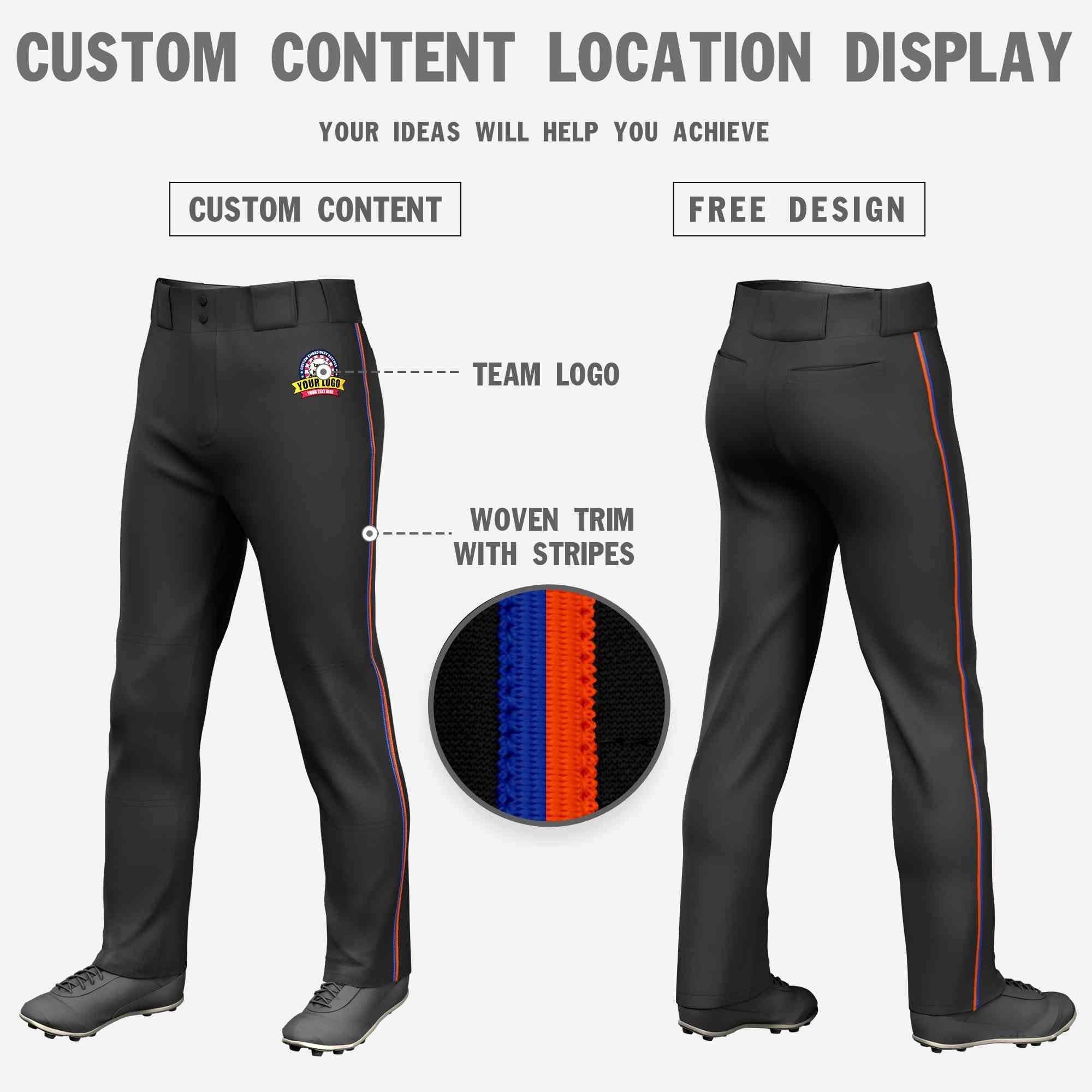 Custom Black Royal-Orange Classic Fit Stretch Practice Loose-fit Baseball Pants