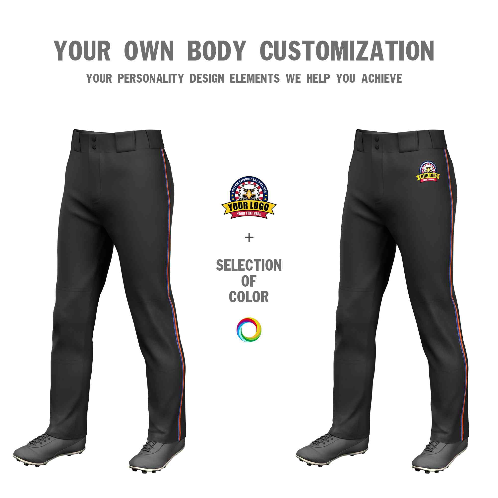 Custom Black Royal-Orange Classic Fit Stretch Practice Loose-fit Baseball Pants