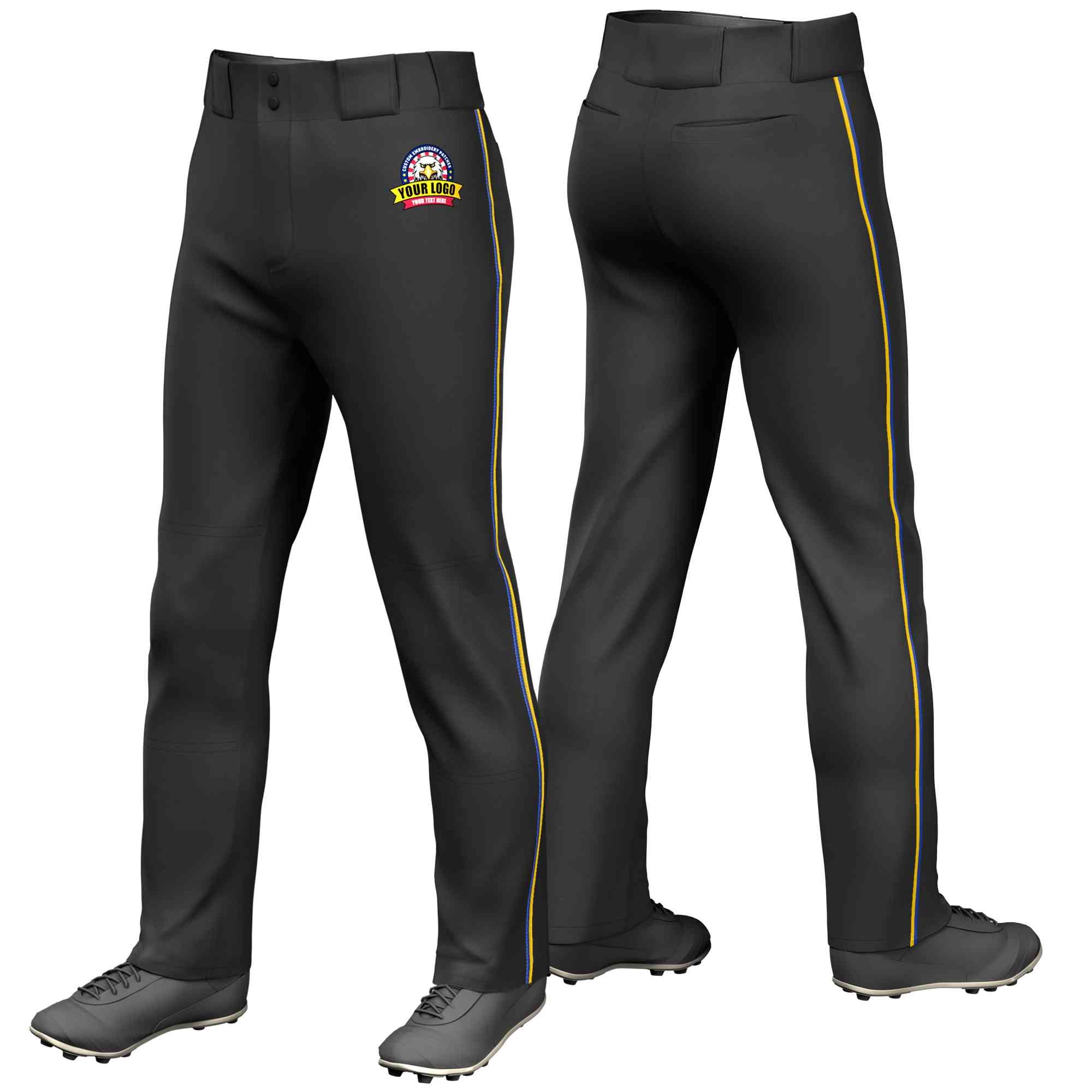 Custom Black Royal-Gold Classic Fit Stretch Practice Loose-fit Baseball Pants