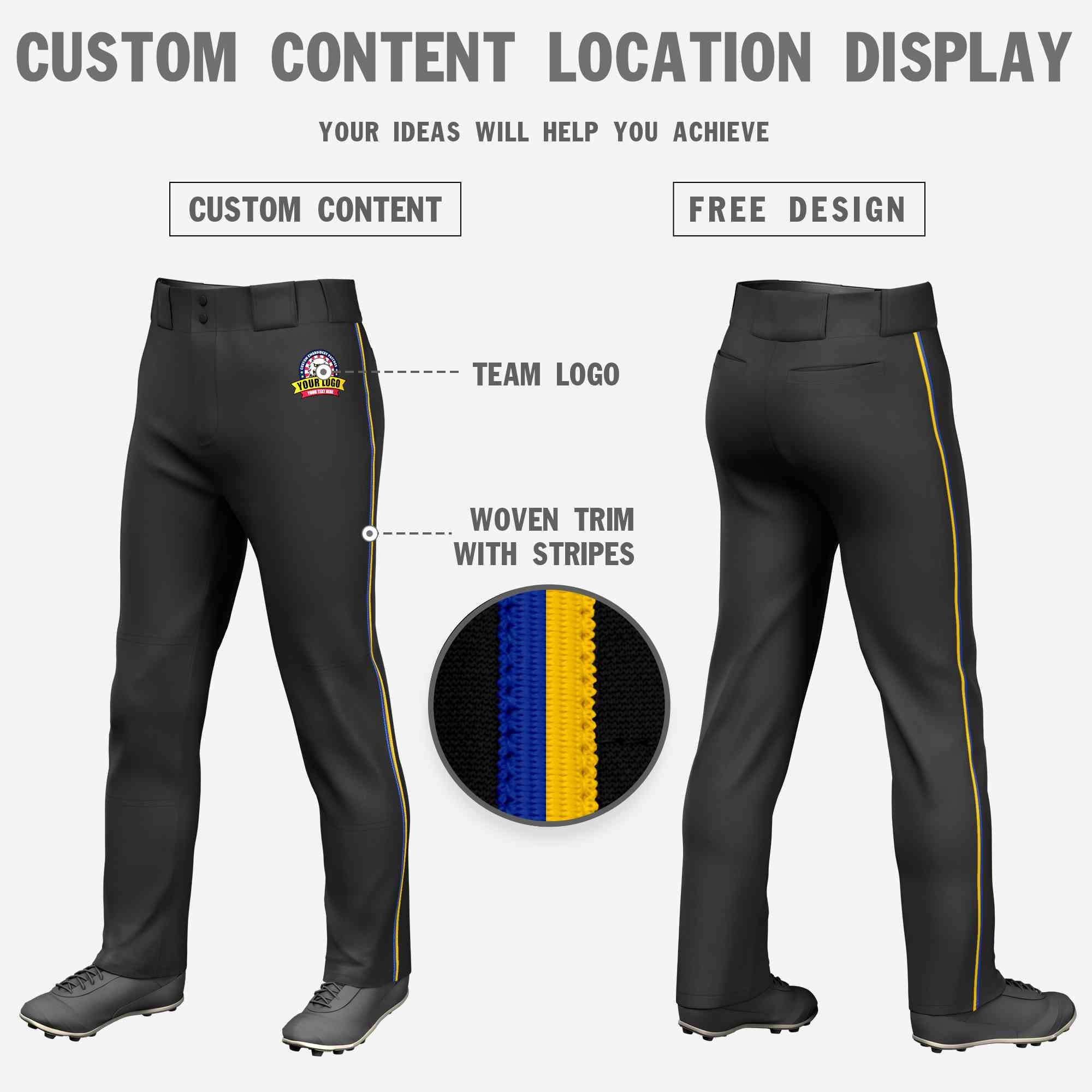 Custom Black Royal-Gold Classic Fit Stretch Practice Loose-fit Baseball Pants