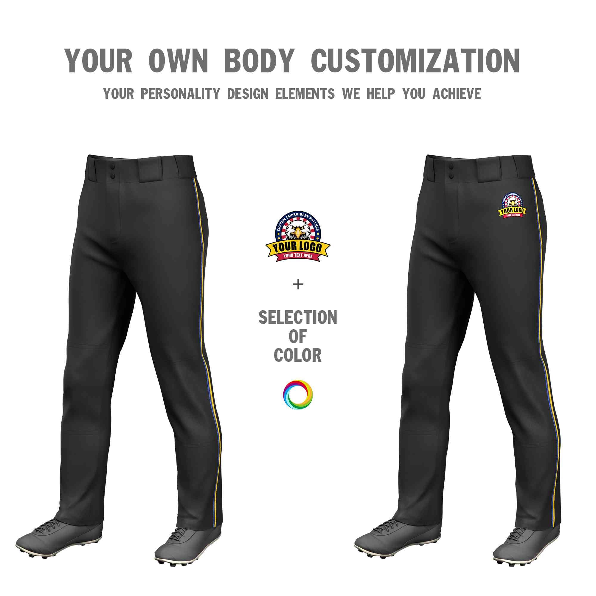 Custom Black Royal-Gold Classic Fit Stretch Practice Loose-fit Baseball Pants