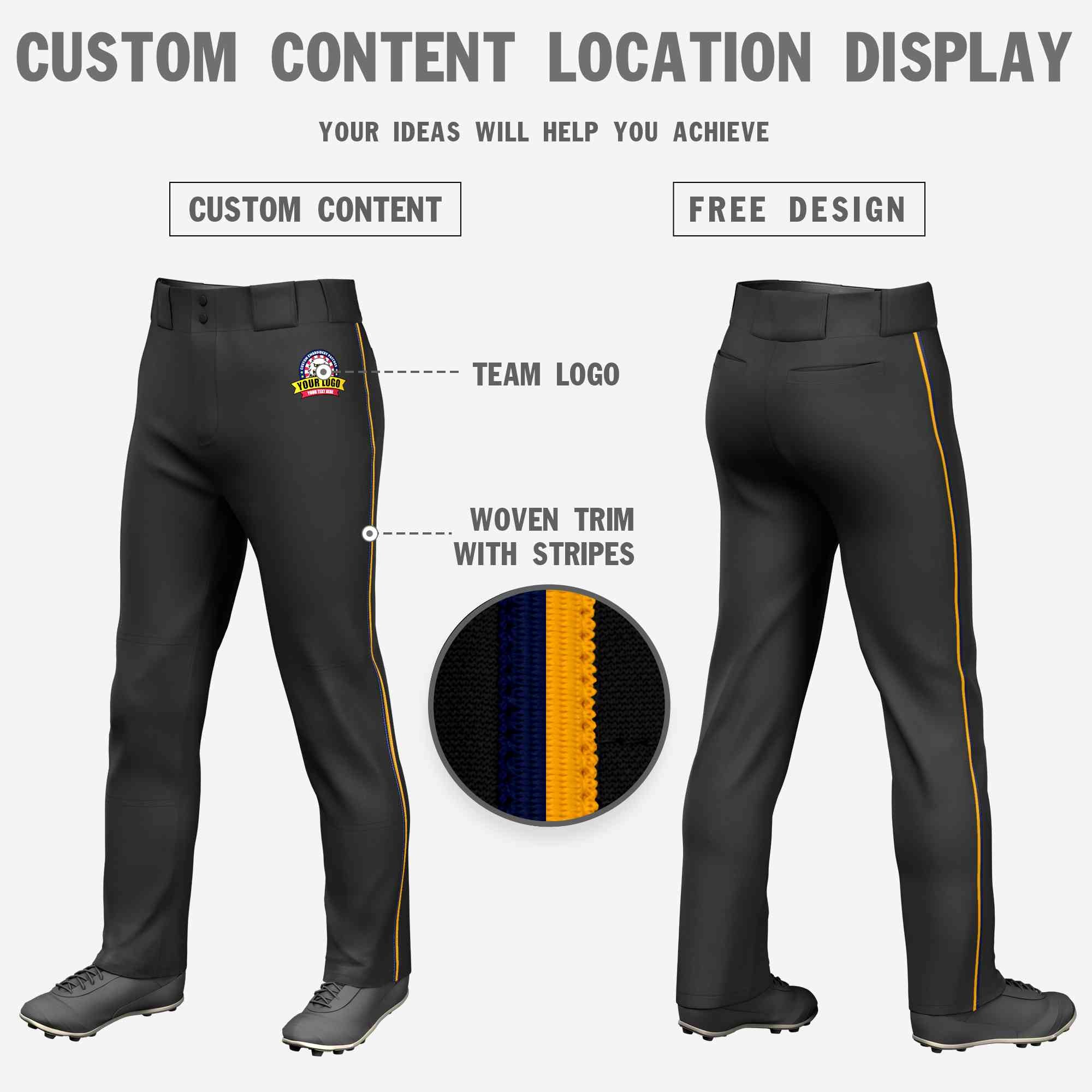 Custom Black Navy-Yellow Classic Fit Stretch Practice Loose-fit Baseball Pants