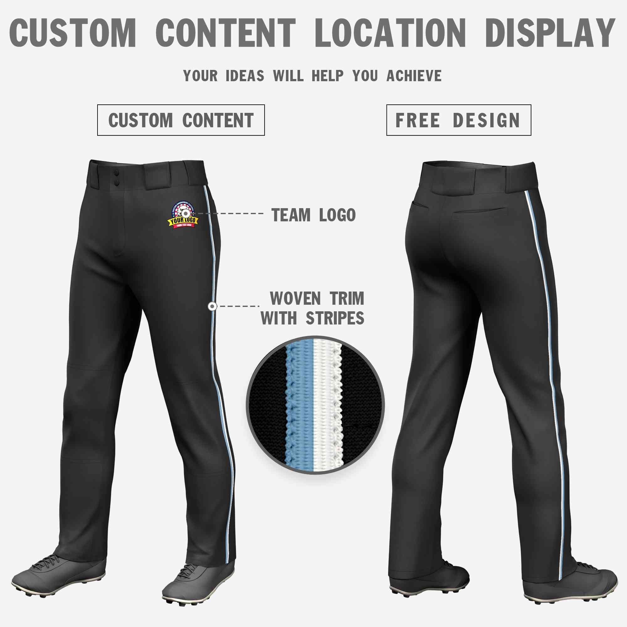 Custom Black Light Blue-White Classic Fit Stretch Practice Loose-fit Baseball Pants