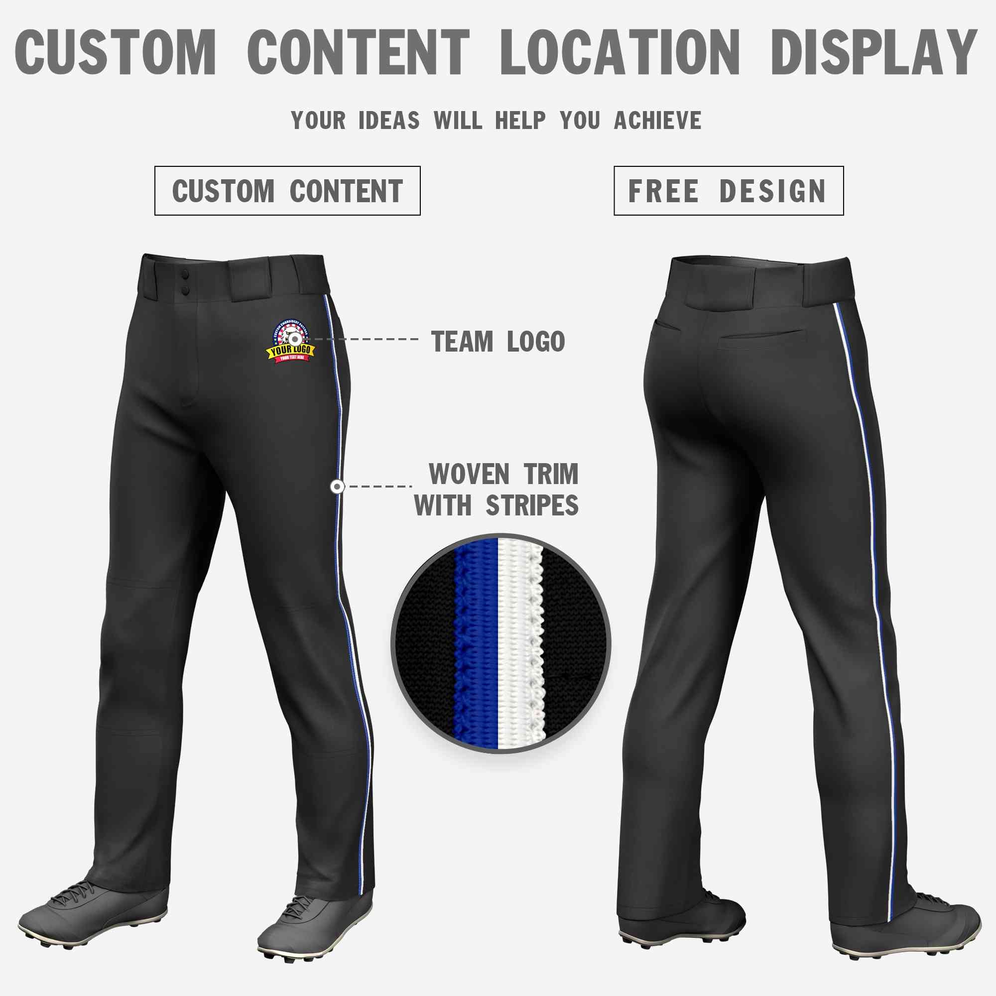 Pantalon de baseball coupe ample, coupe classique, noir royal et blanc personnalisé