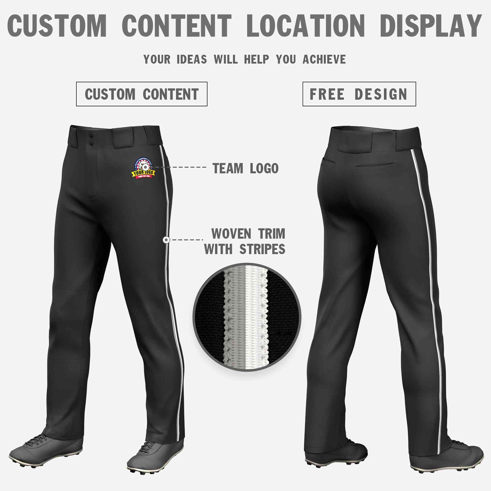 Custom Black Gray-White Classic Fit Stretch Practice Loose-fit Baseball Pants