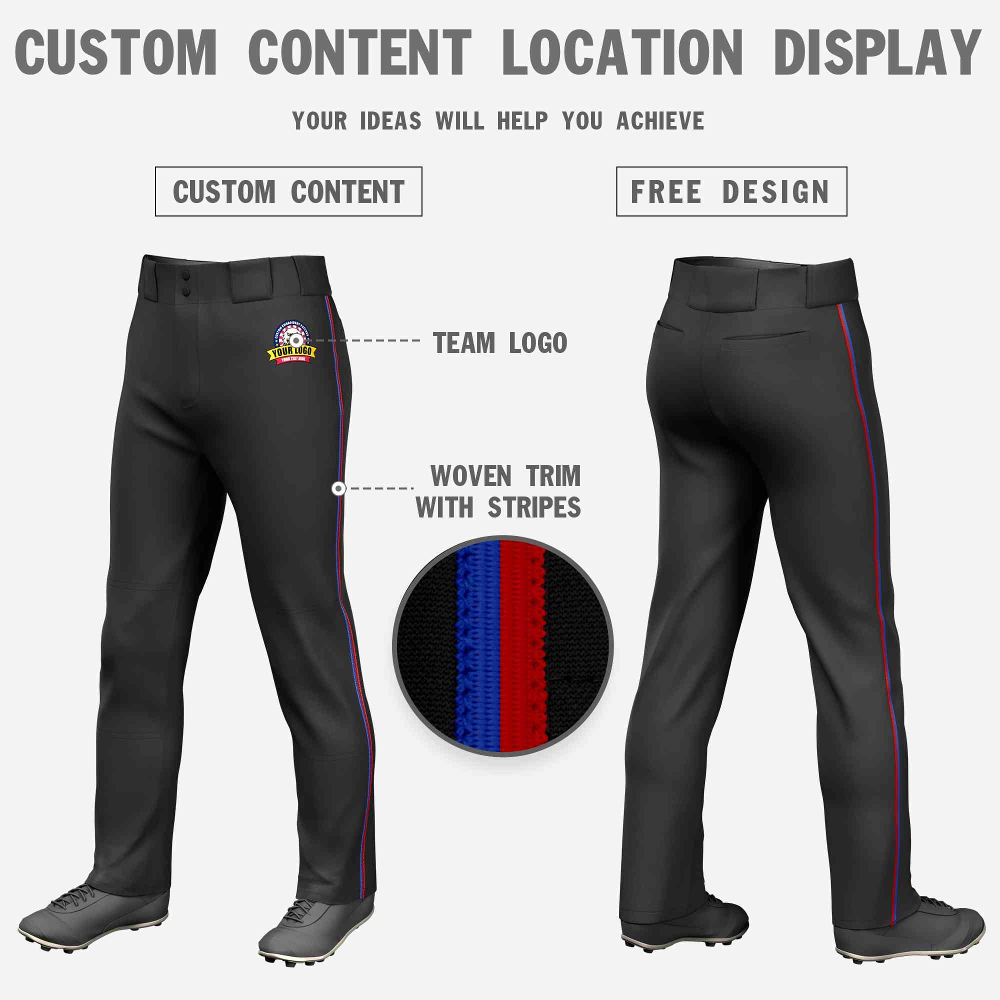 Custom Black Royal-Red Classic Fit Stretch Practice Loose-fit Baseball Pants