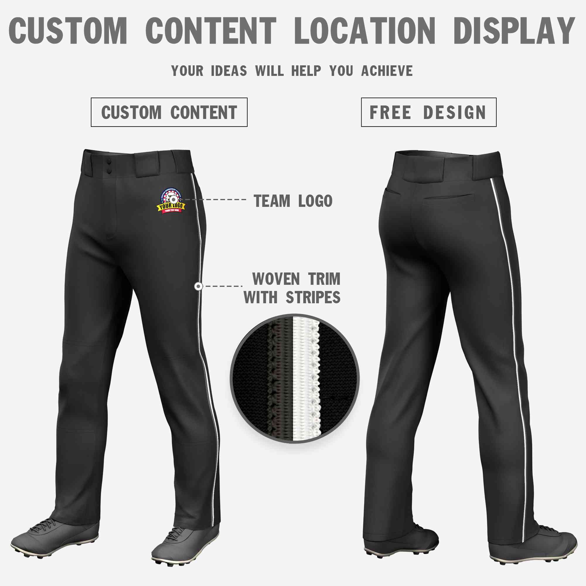 Custom Black Dark Gray-White Classic Fit Stretch Practice Loose-fit Baseball Pants