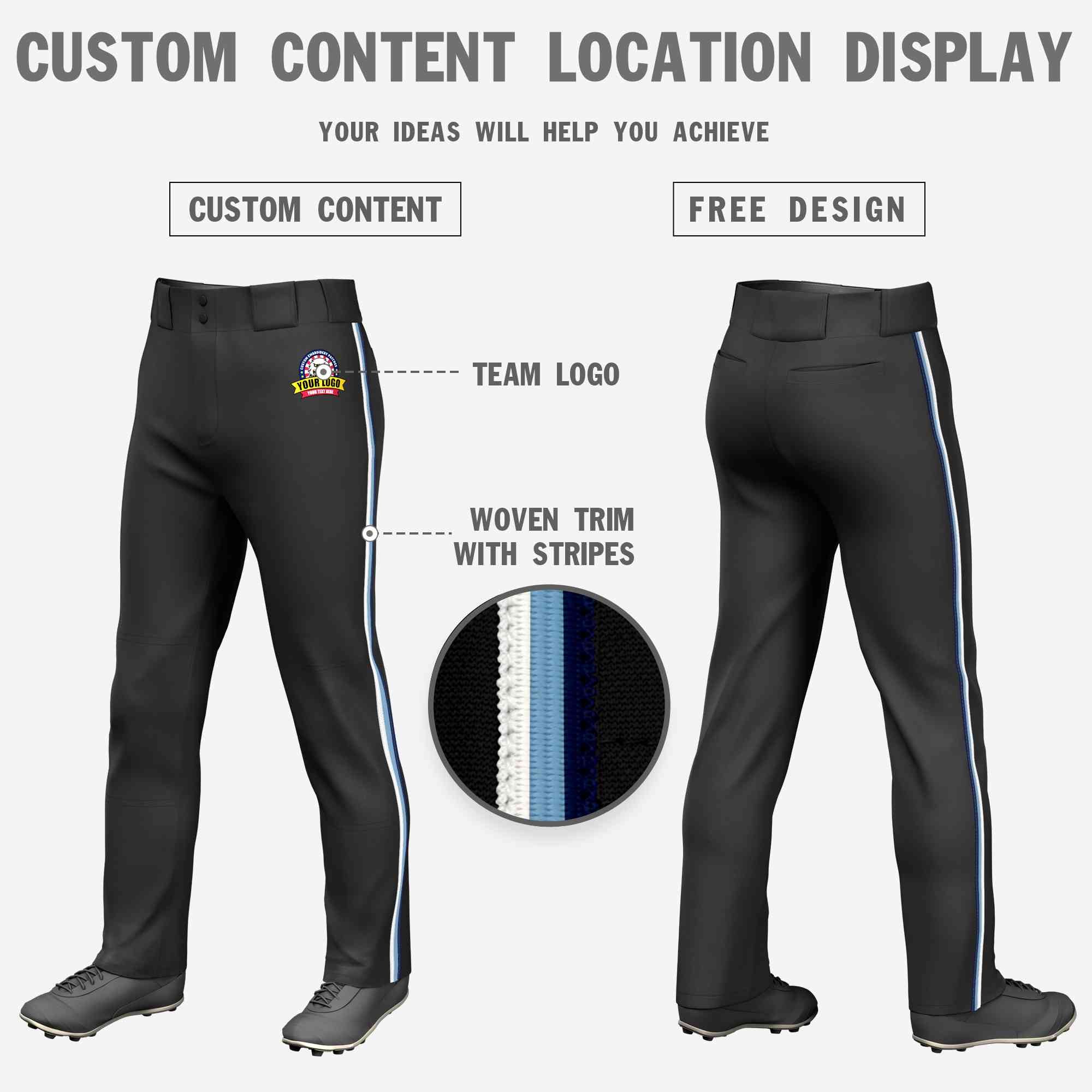 Pantalon de baseball coupe ample, coupe classique, extensible, personnalisé, noir, blanc, bleu clair-marine