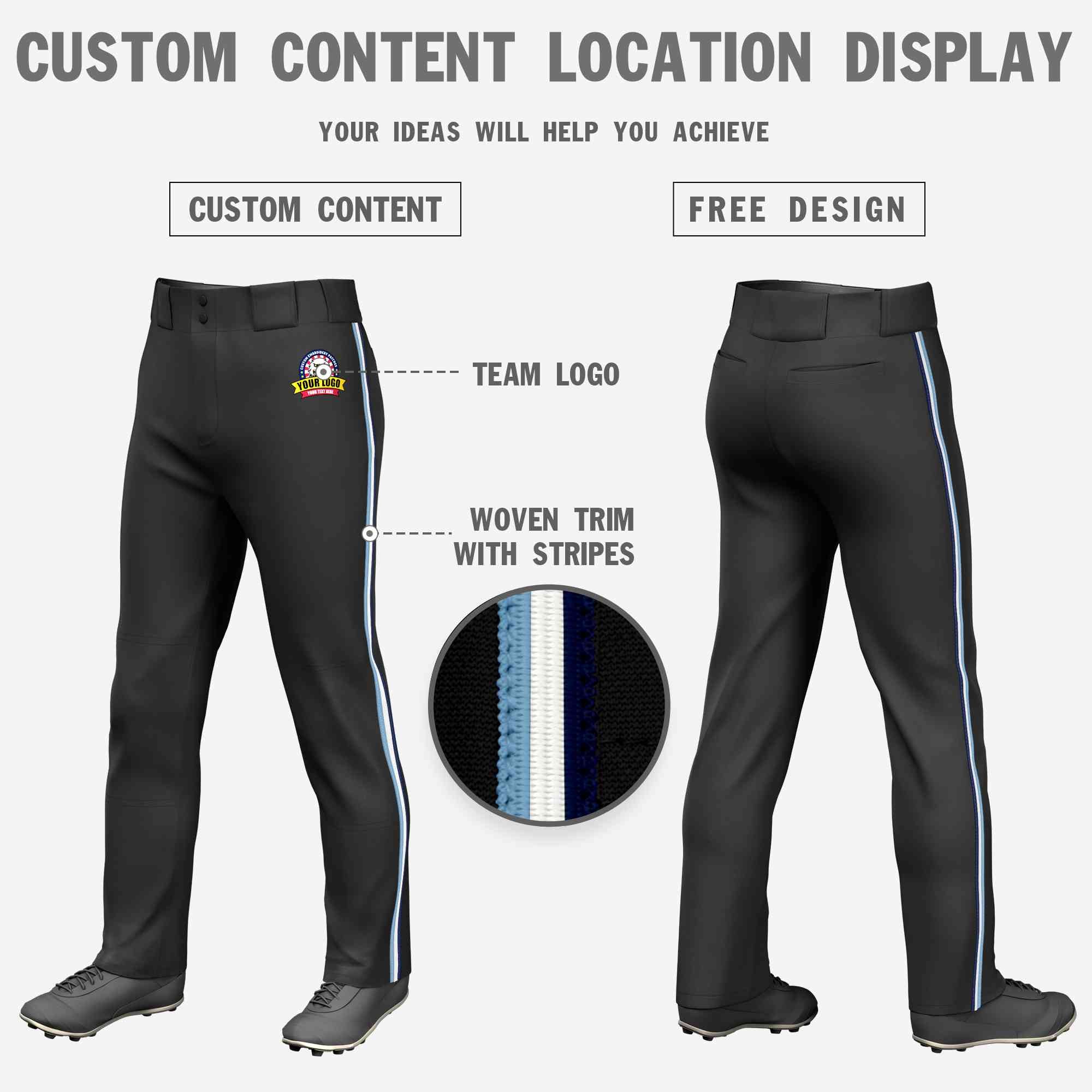 Pantalon de baseball coupe ample, coupe classique, extensible, personnalisé, noir, bleu clair, blanc-marine