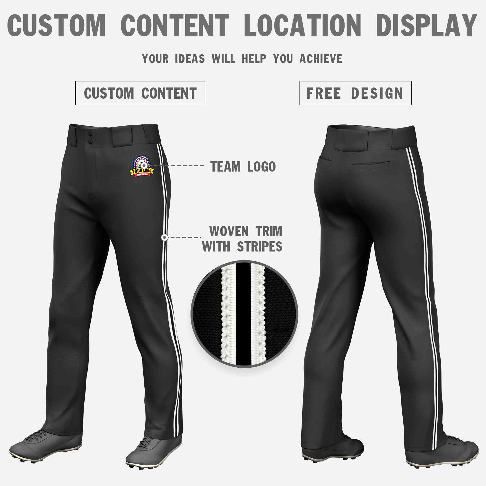 Custom Black White Black-White Classic Fit Stretch Practice Loose-fit Baseball Pants