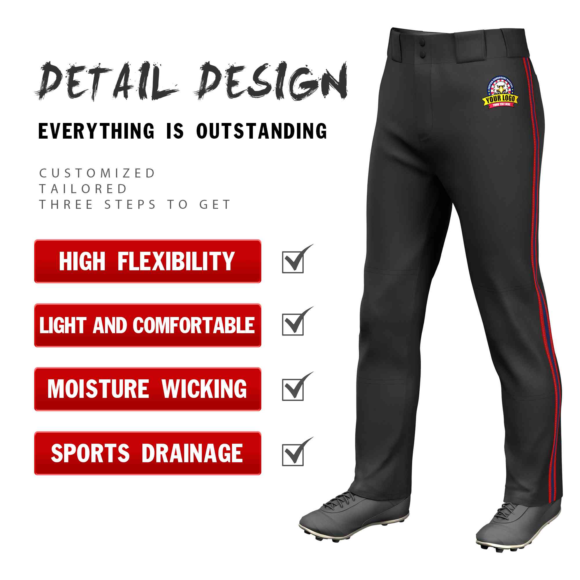 Custom Black Red Navy-Red Classic Fit Stretch Practice Loose-fit Baseball Pants