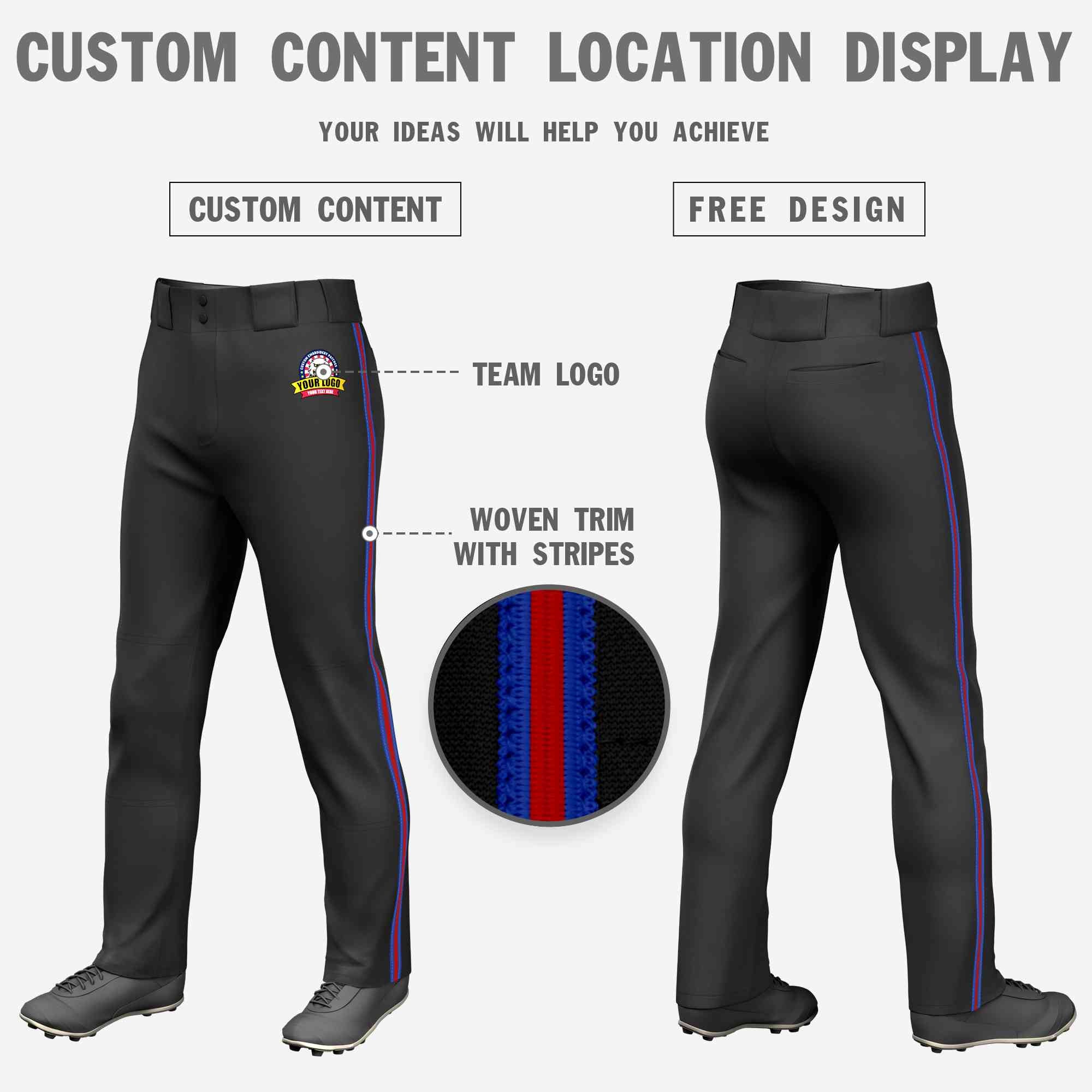 Pantalon de baseball personnalisé noir royal rouge-royal, coupe classique, extensible, coupe ample