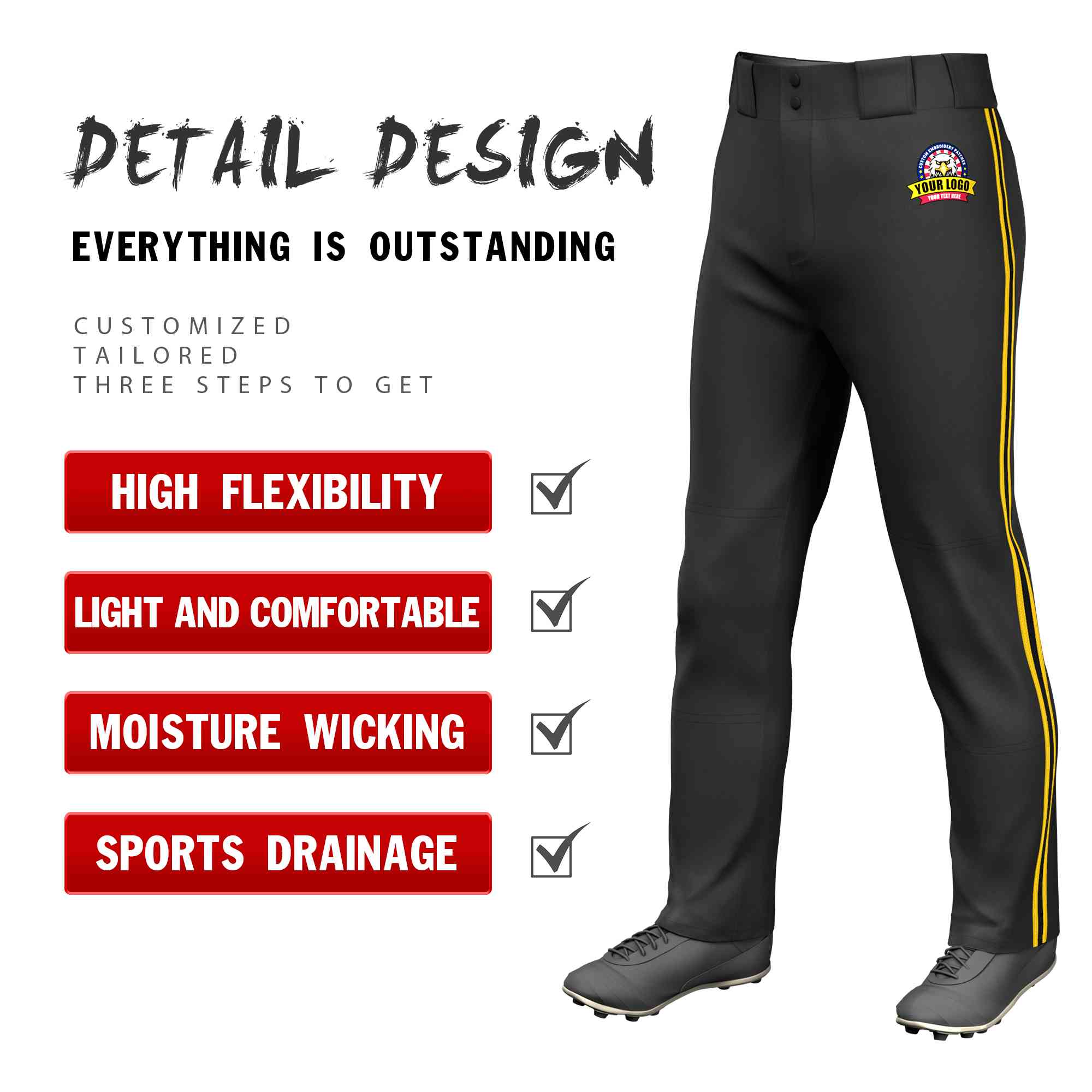 Custom Black Gold Classic Fit Stretch Practice Loose-fit Baseball Pants