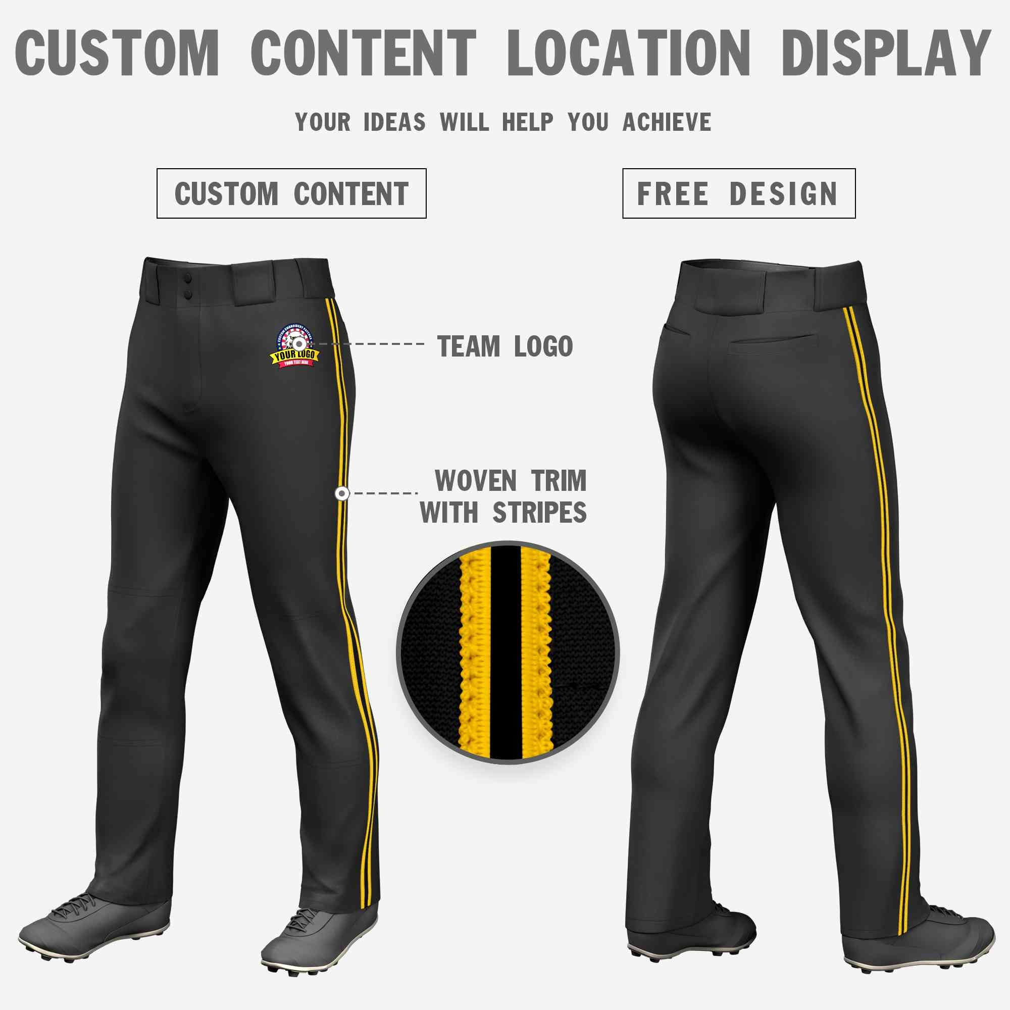 Custom Black Gold Classic Fit Stretch Practice Loose-fit Baseball Pants