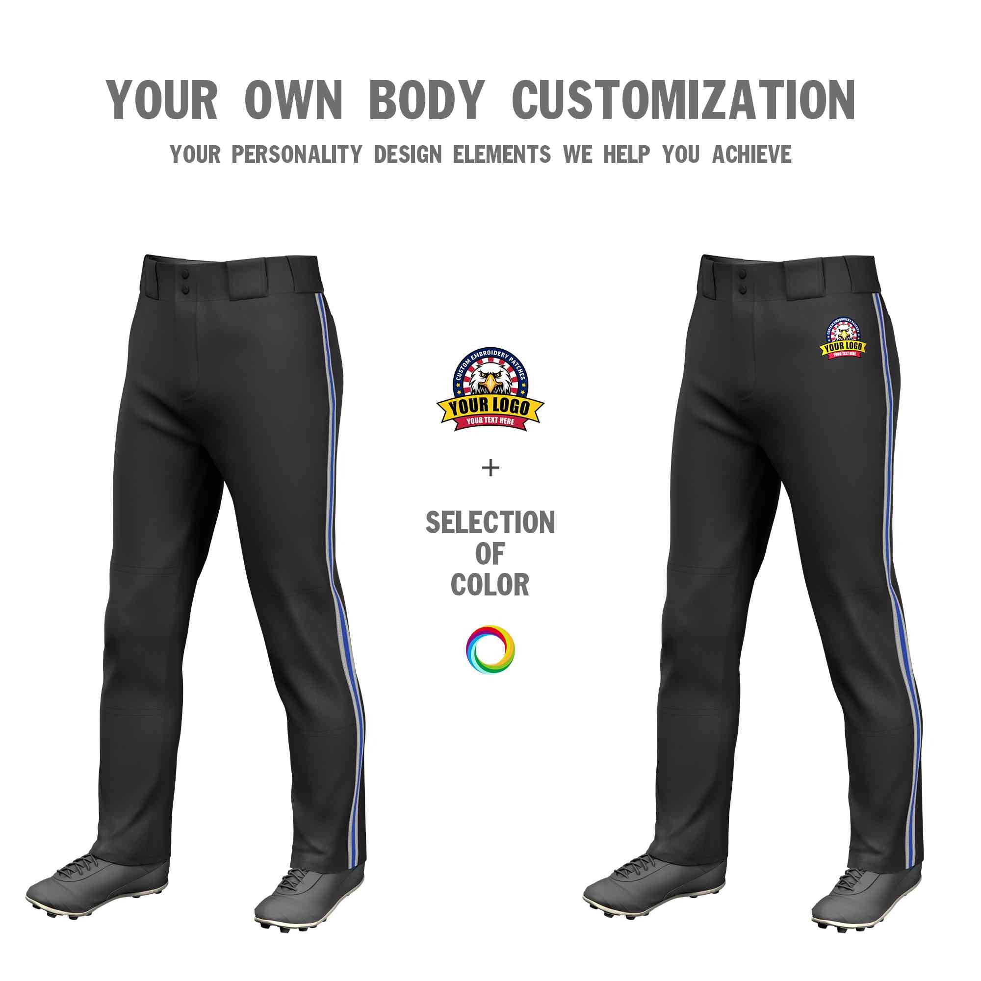 Custom Black Gray Royal-Gray Classic Fit Stretch Practice Loose-fit Baseball Pants