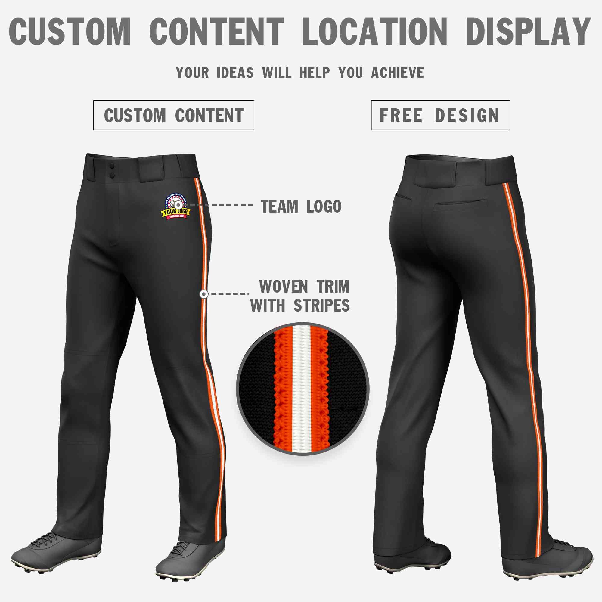 Custom Black Orange White-Orange Classic Fit Stretch Practice Loose-fit Baseball Pants