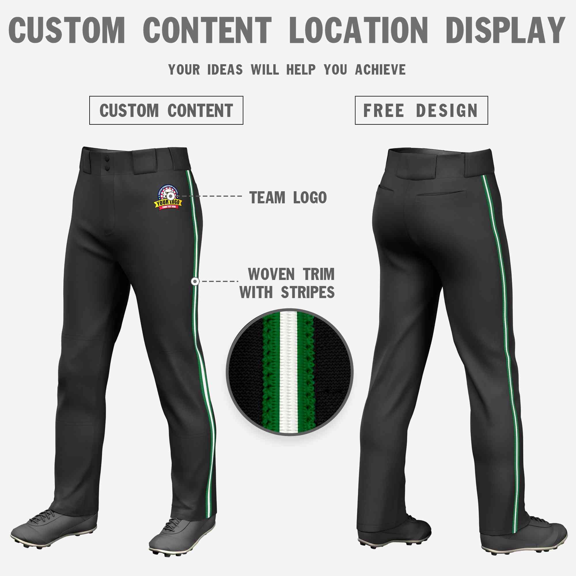 Pantalon de baseball coupe ample, personnalisé, noir, vert Kelly, blanc-vert Kelly, coupe classique, extensible