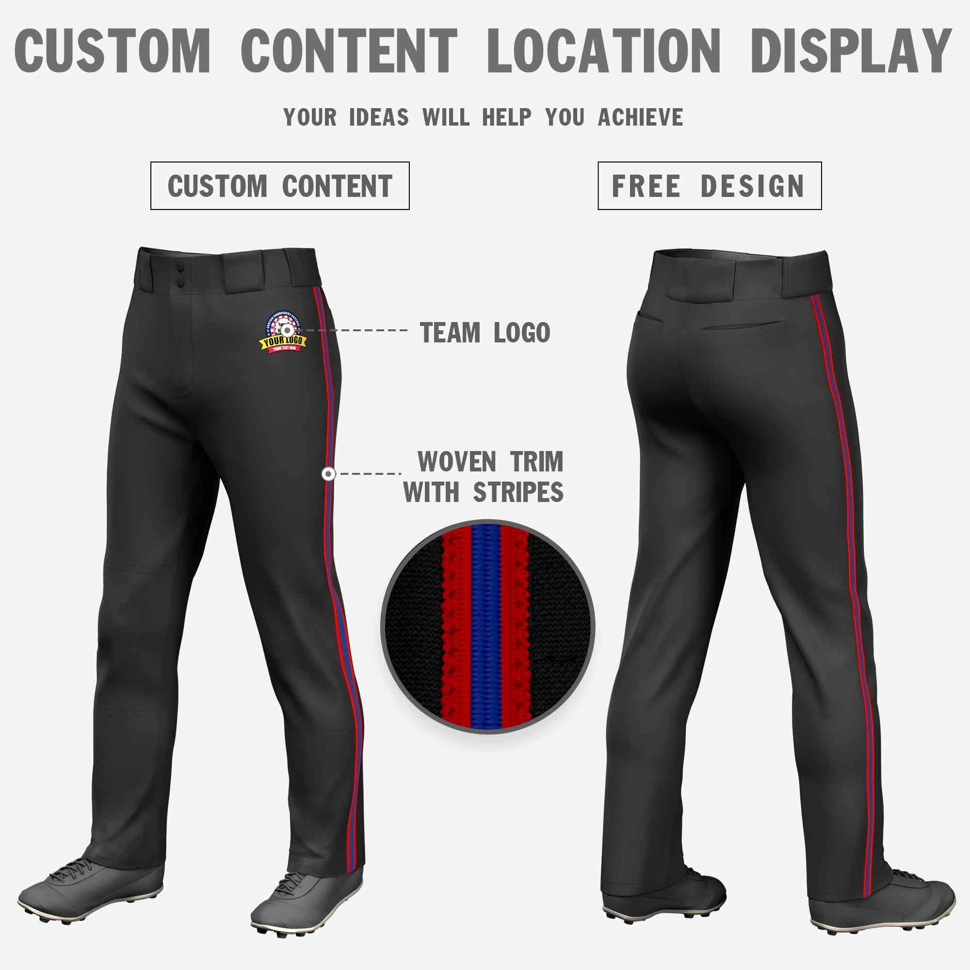 Custom Black Red Royal-Red Classic Fit Stretch Practice Loose-fit Baseball Pants