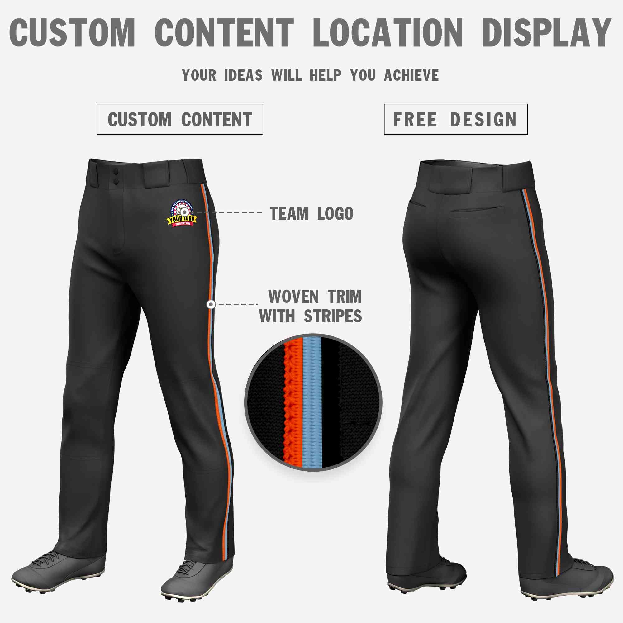 Custom Black Orange Light Blue-Black Classic Fit Stretch Practice Loose-fit Baseball Pants