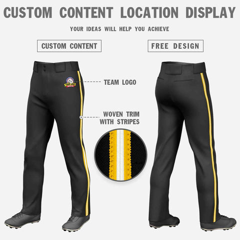 Custom Black Yellow White-Yellow Classic Fit Stretch Practice Loose-fit Baseball Pants