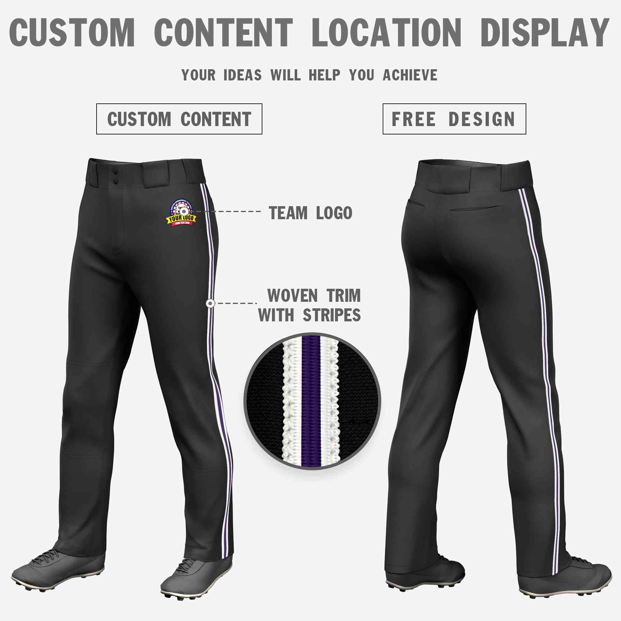 Pantalon de baseball coupe ample, coupe classique, personnalisé, noir, blanc, violet-blanc