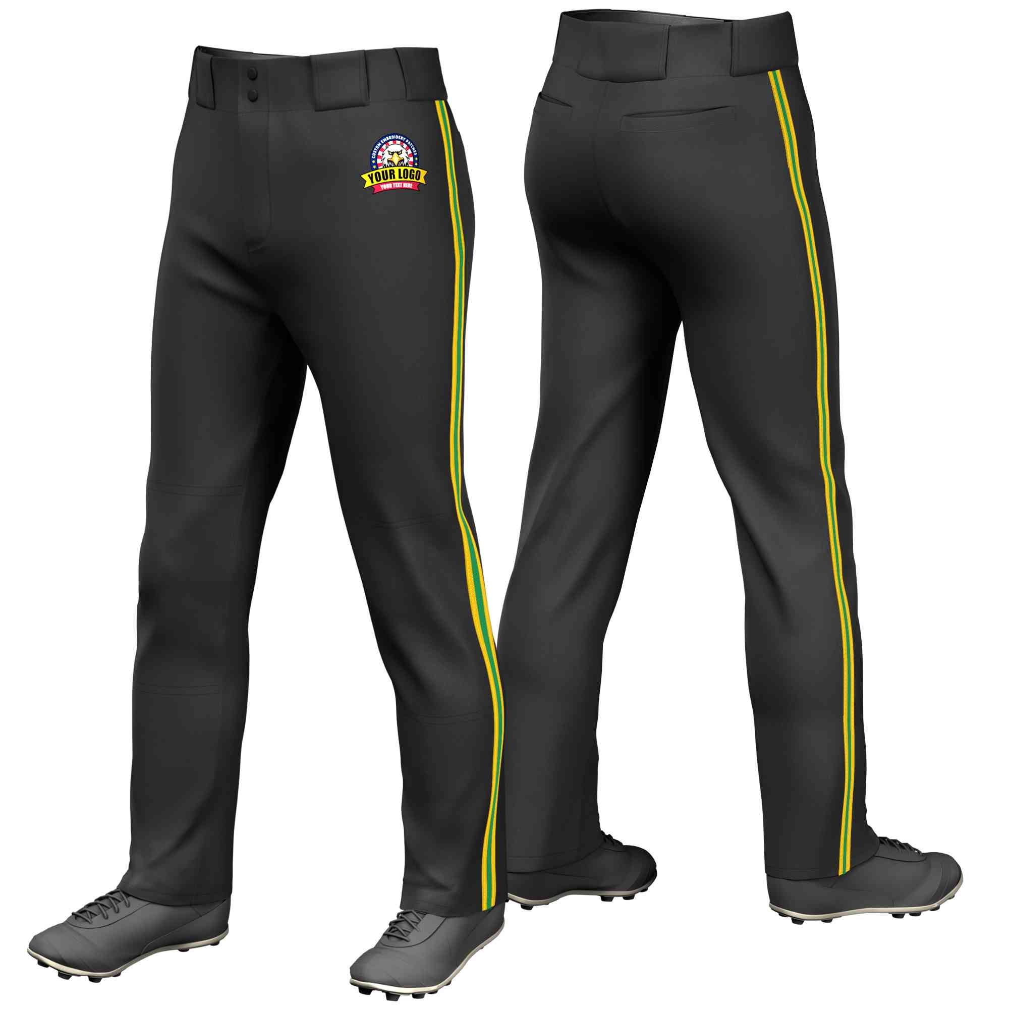 Custom Black Gold Kelly Green-Gold Classic Fit Stretch Practice Loose-fit Baseball Pants