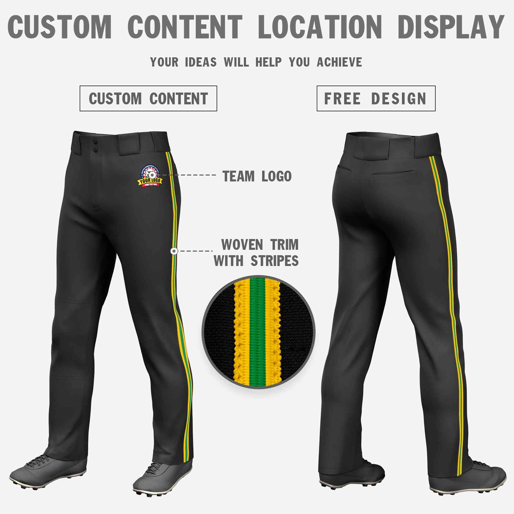 Custom Black Gold Kelly Green-Gold Classic Fit Stretch Practice Loose-fit Baseball Pants