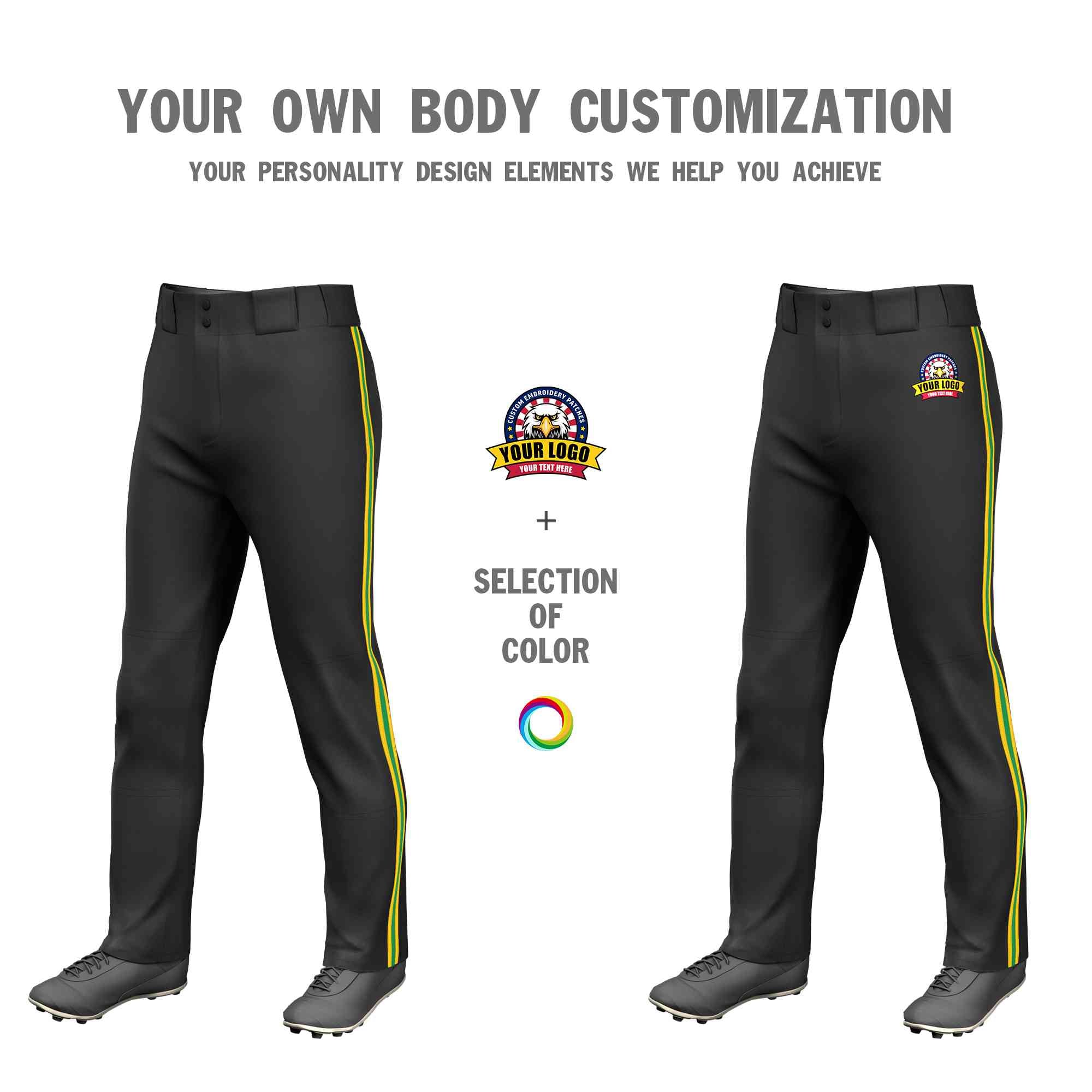 Custom Black Gold Kelly Green-Gold Classic Fit Stretch Practice Loose-fit Baseball Pants