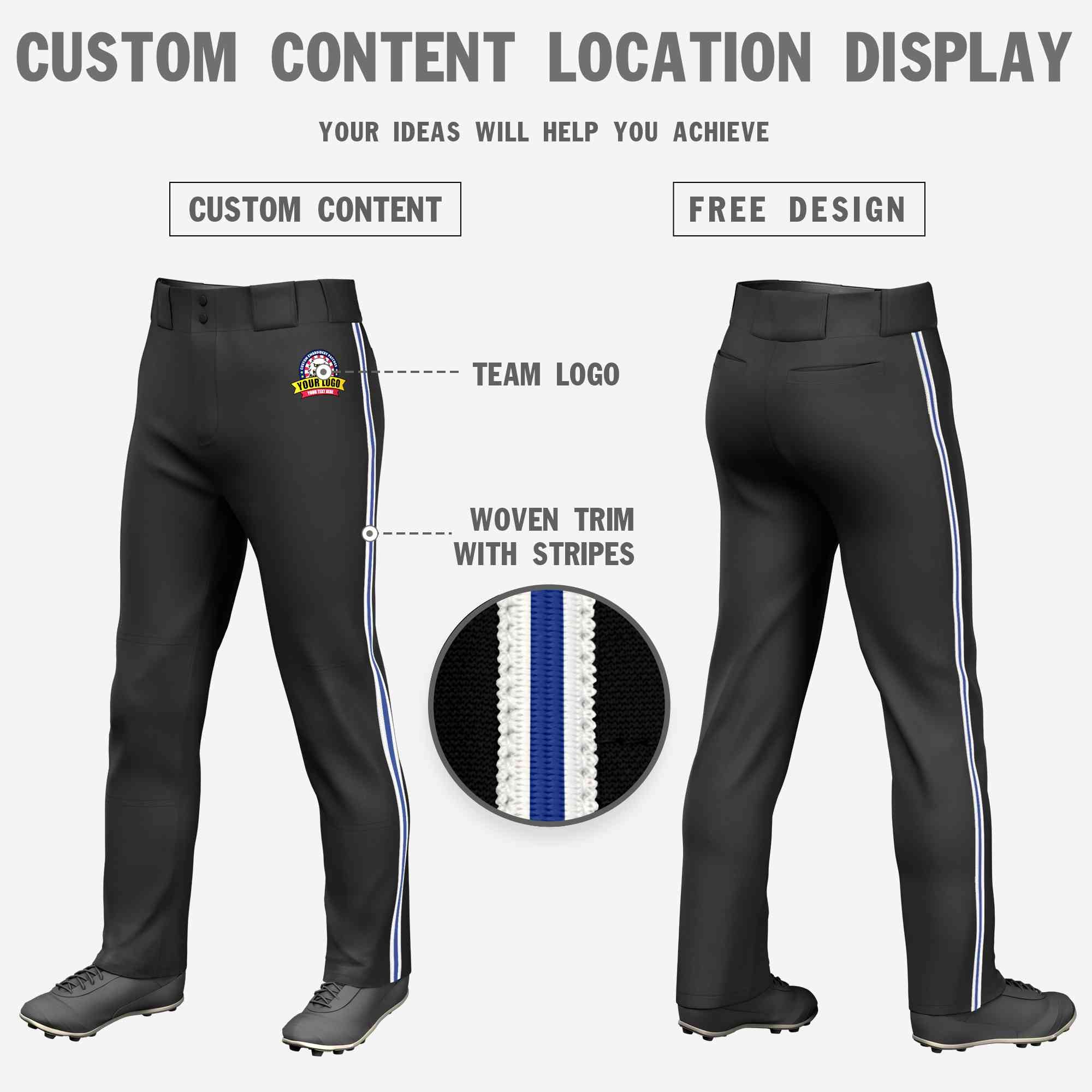 Custom Black White Royal-White Classic Fit Stretch Practice Loose-fit Baseball Pants