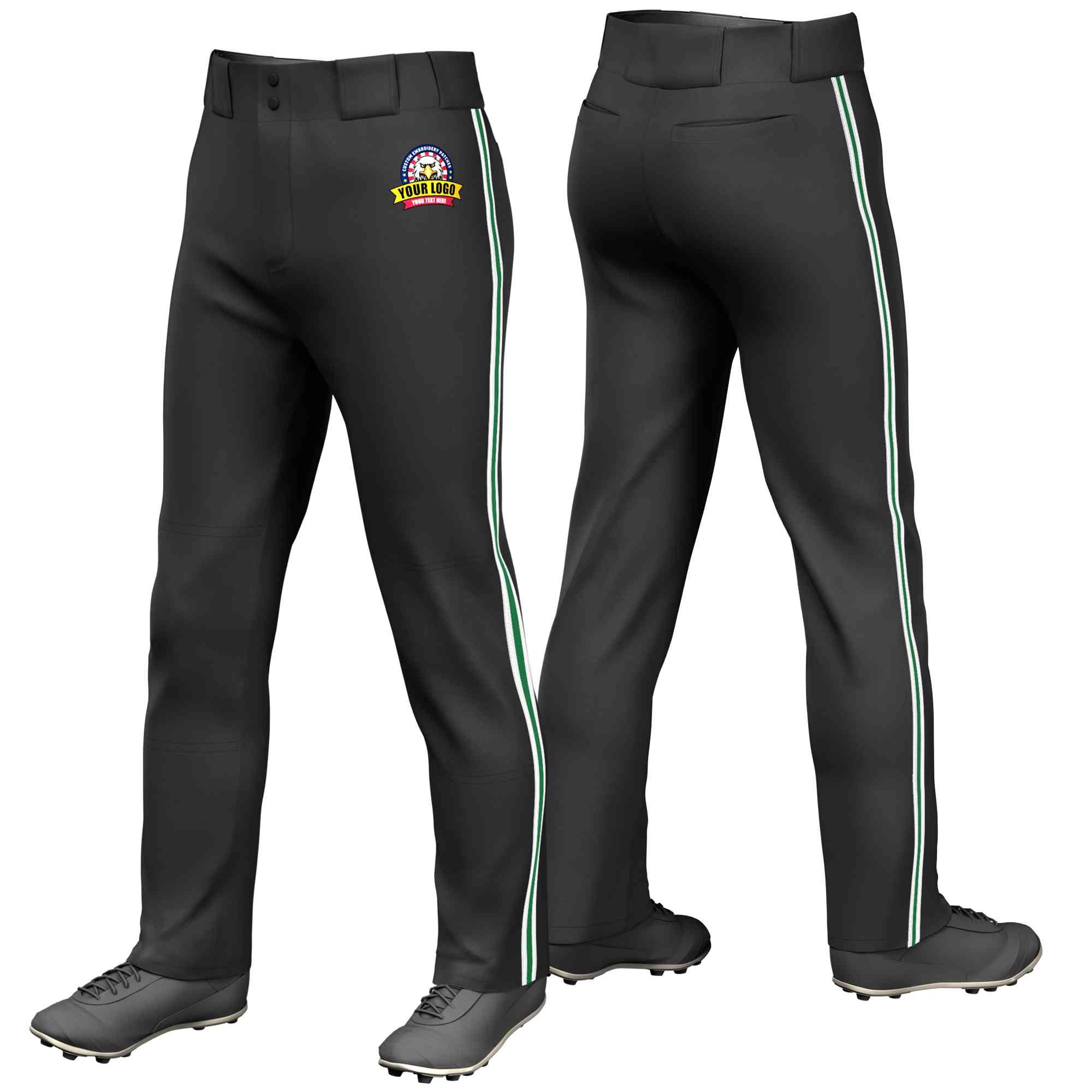 Custom Black White Kelly Green-White Classic Fit Stretch Practice Loose-fit Baseball Pants