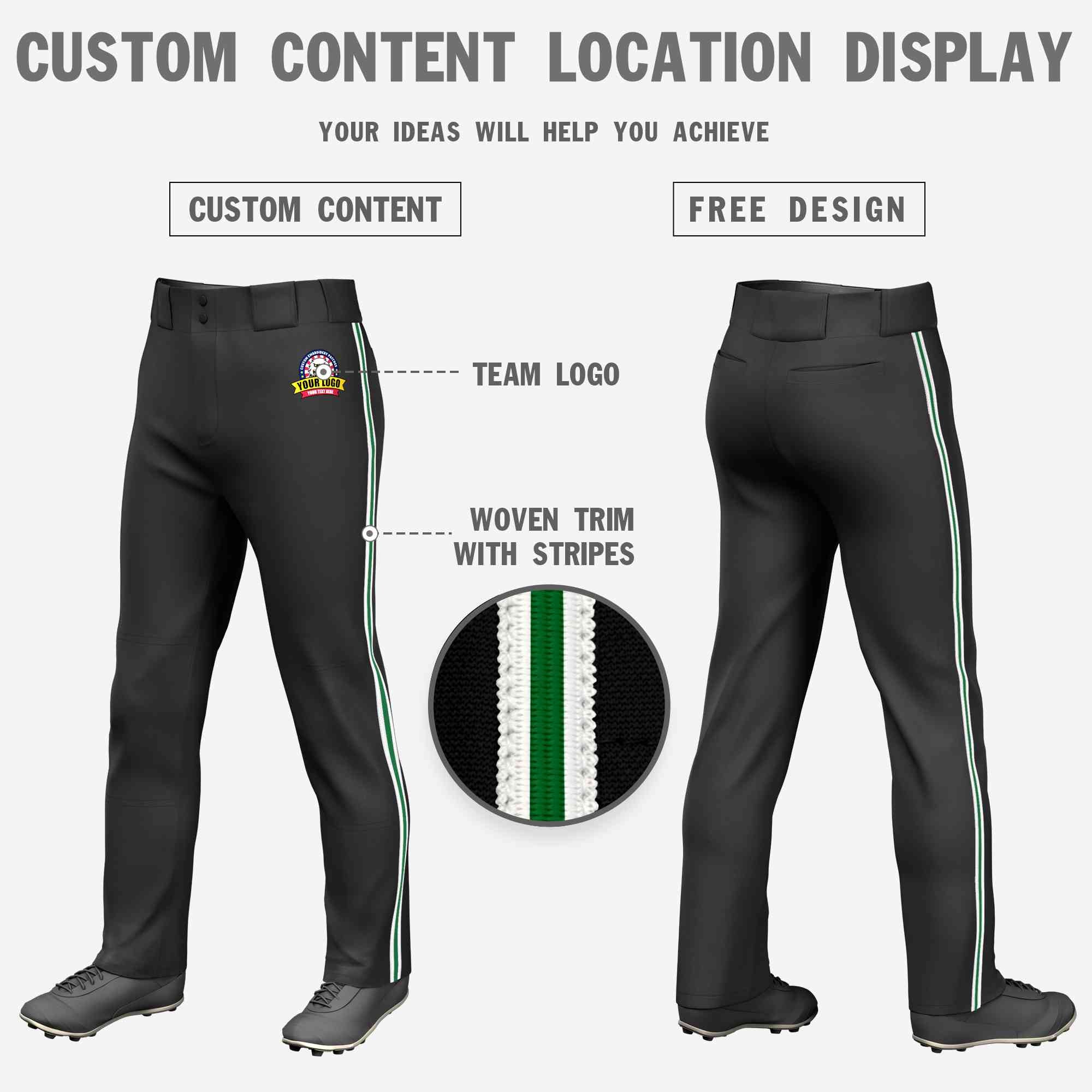 Custom Black White Kelly Green-White Classic Fit Stretch Practice Loose-fit Baseball Pants