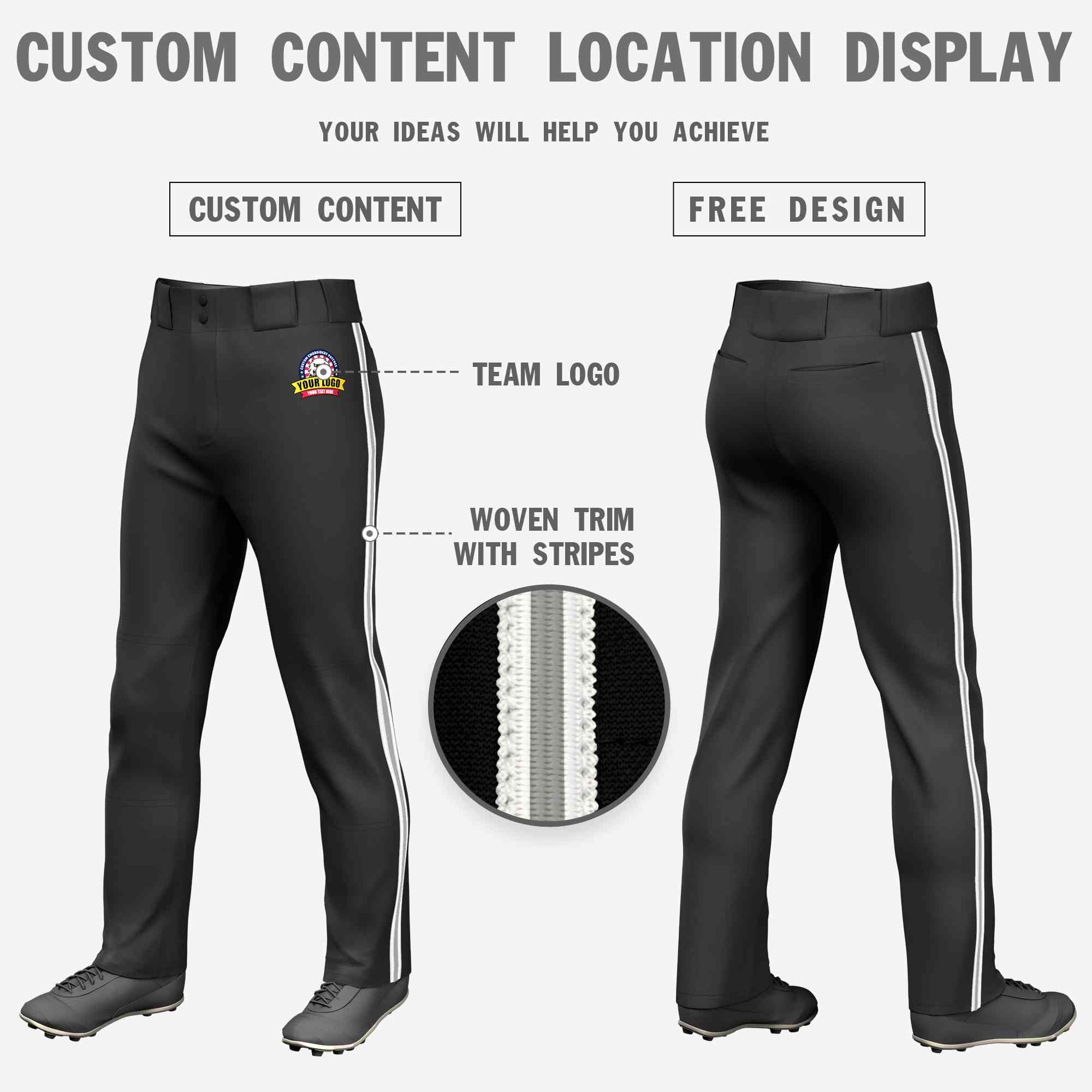 Custom Black White Gray-White Classic Fit Stretch Practice Loose-fit Baseball Pants