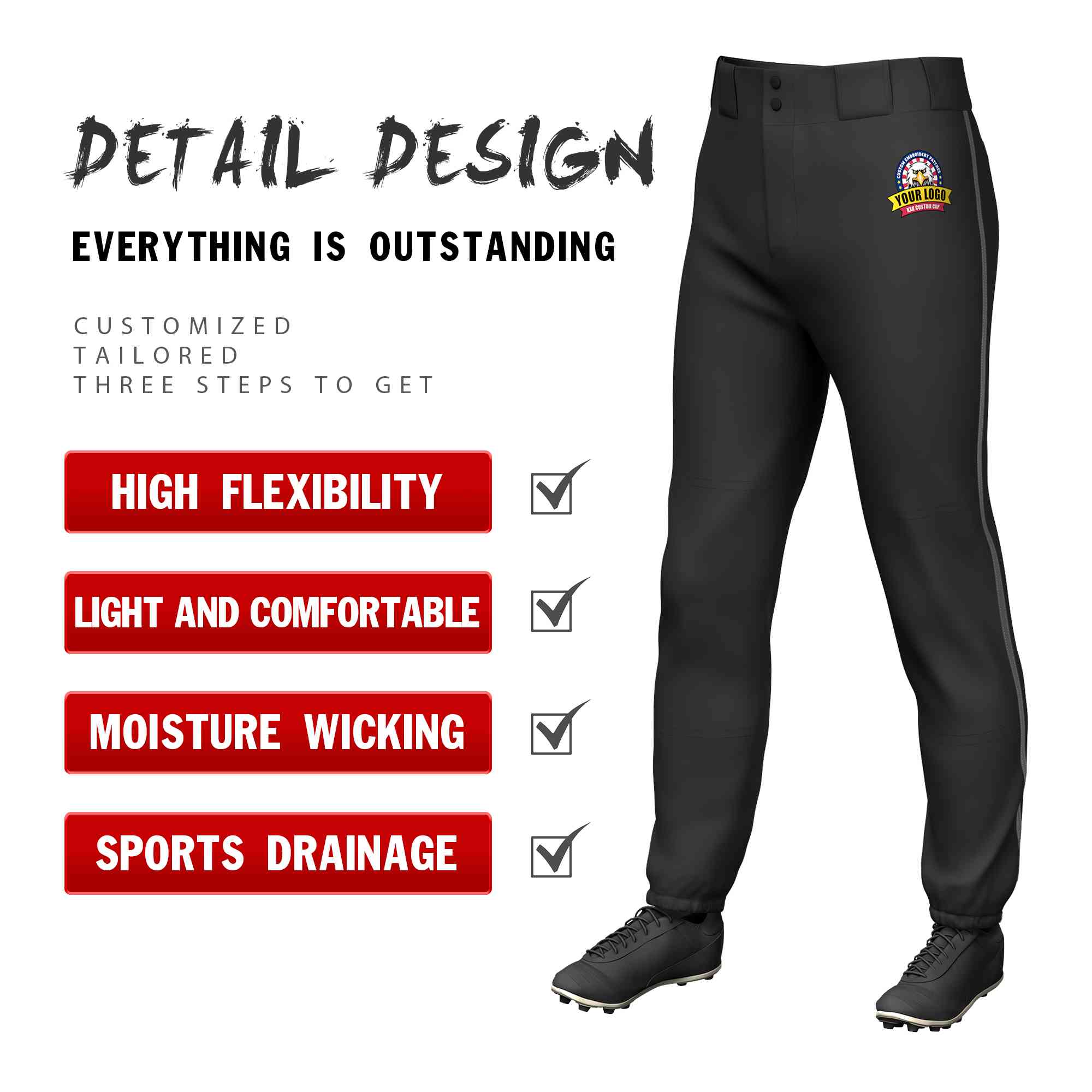 Pantalon de baseball pull-up extensible, coupe classique, noir et gris foncé, personnalisé