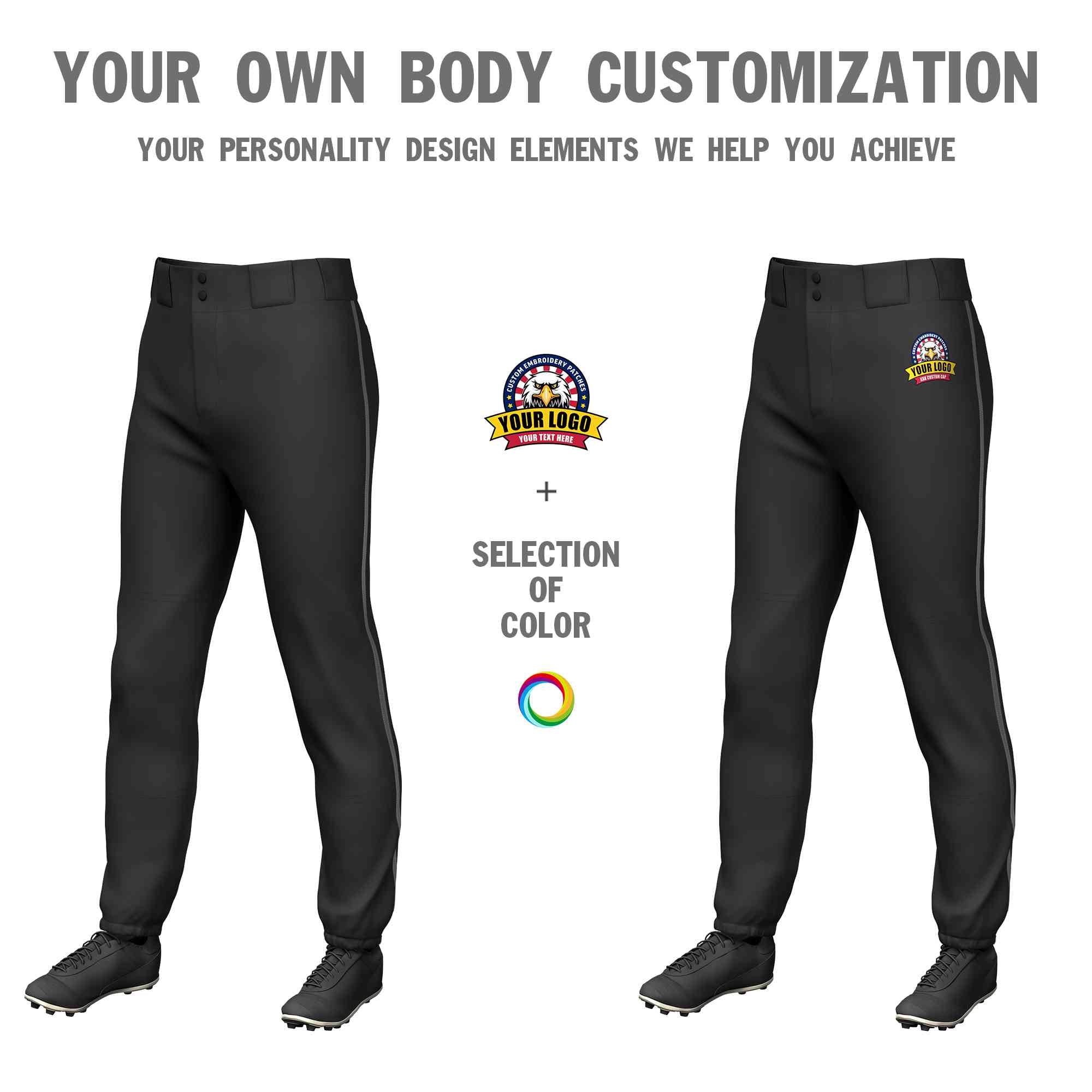 Custom Black Dark Gray Classic Fit Stretch Practice Pull-up Baseball Pants