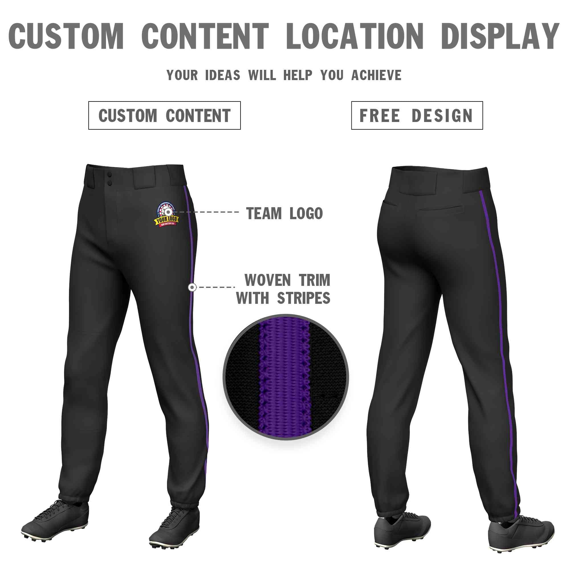 Pantalon de baseball pull-up extensible, coupe classique, personnalisé, noir, violet