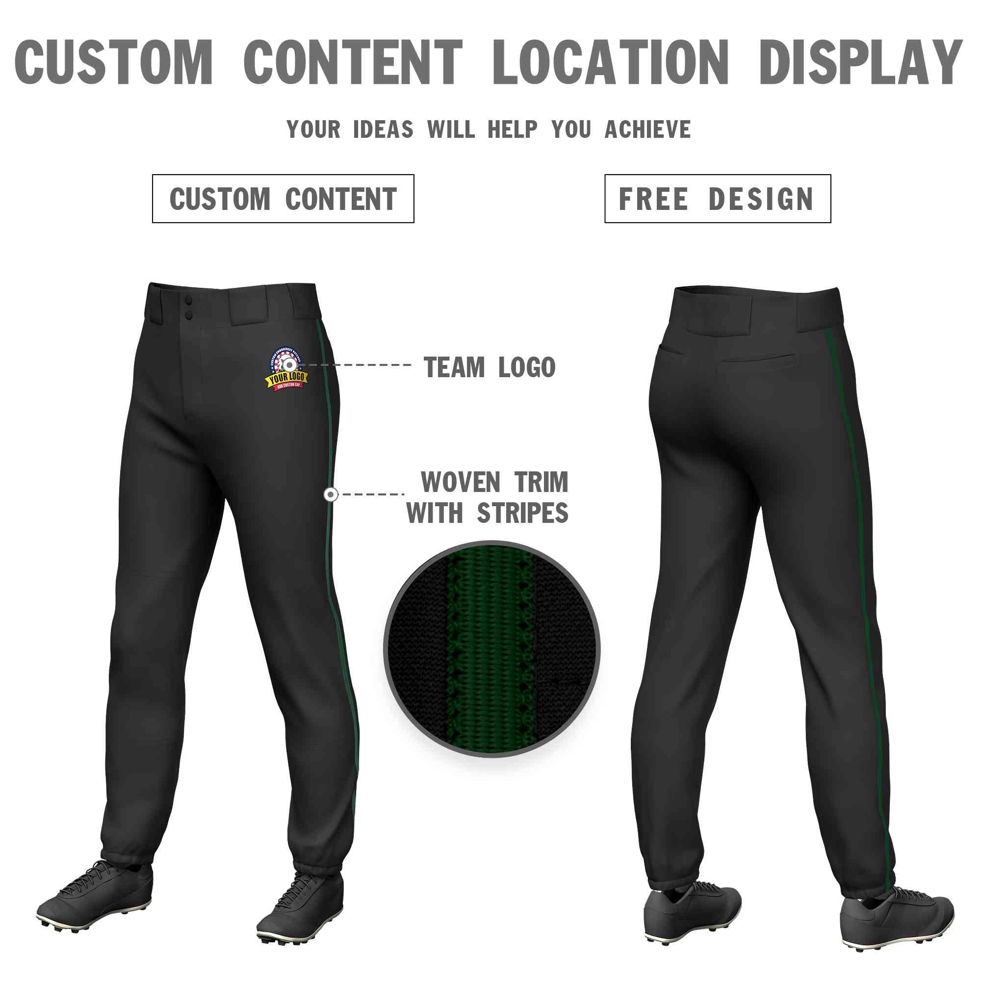 Custom Black Green Classic Fit Stretch Practice Pull-up Baseball Pants