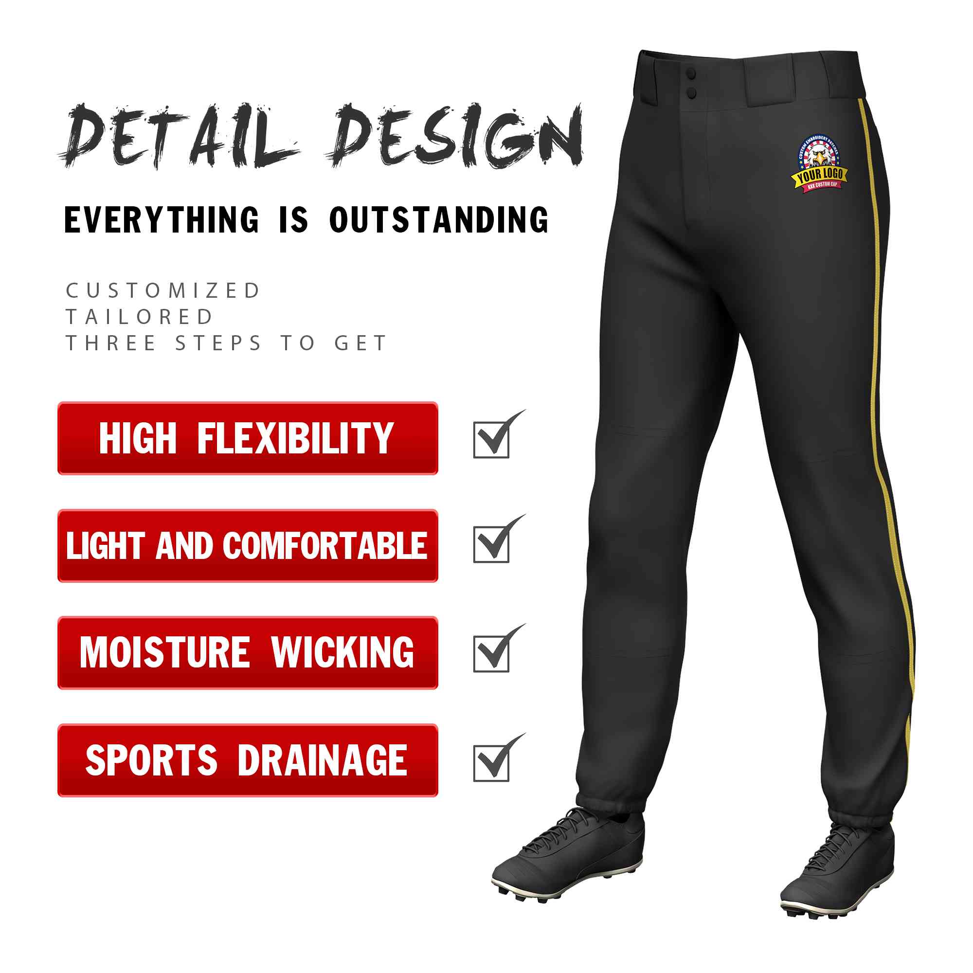 Pantalon de baseball pull-up extensible noir personnalisé Old Gold, coupe classique