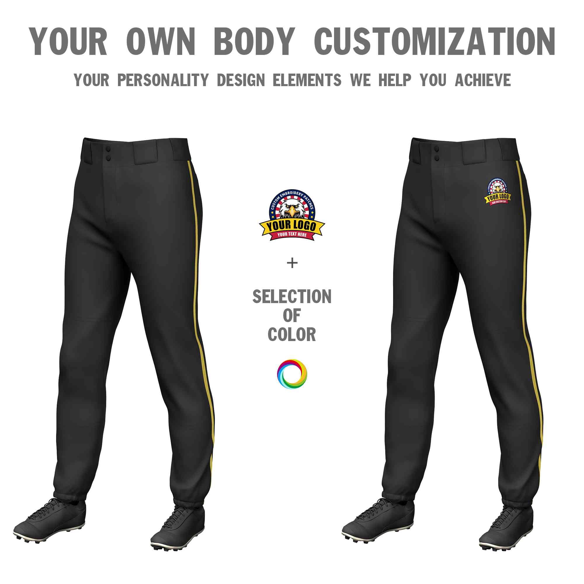 Custom Black Old Gold Classic Fit Stretch Practice Pull-up Baseball Pants