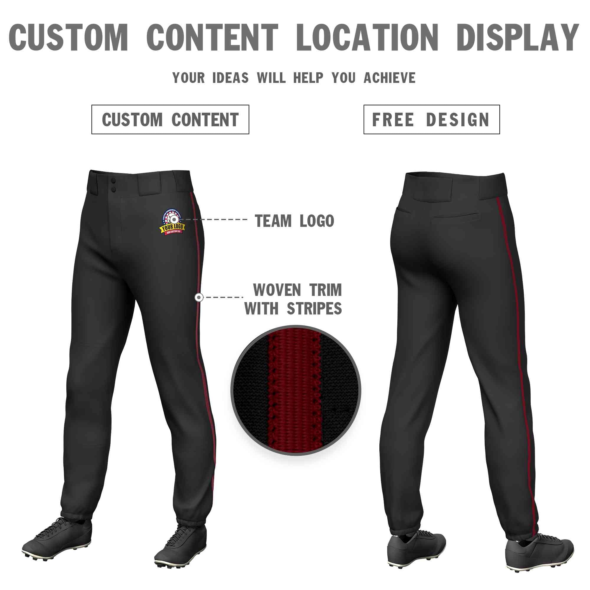 Custom Black Crimson Classic Fit Stretch Practice Pull-up Baseball Pants