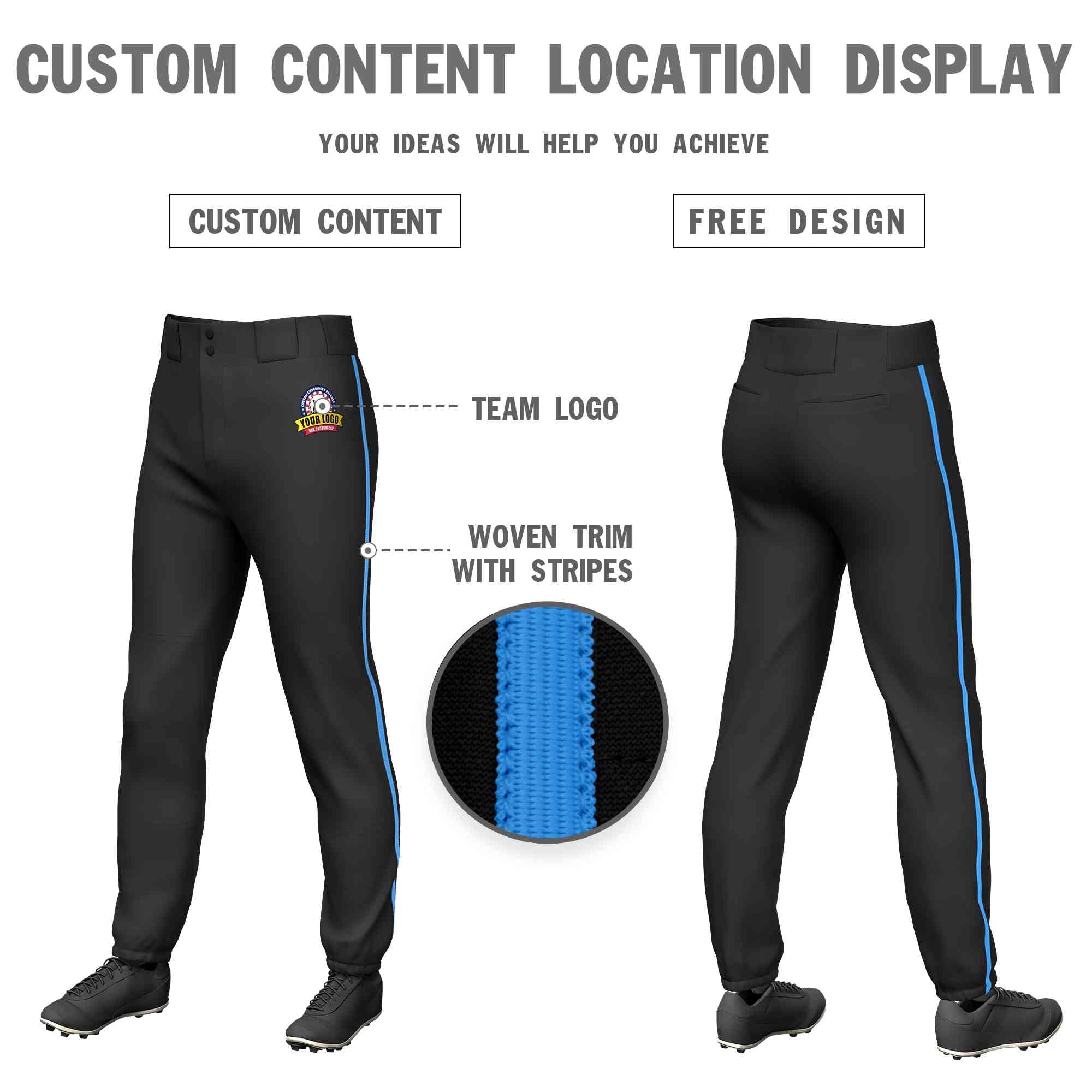 Pantalon de baseball pull-up extensible, coupe classique, bleu poudre noir personnalisé