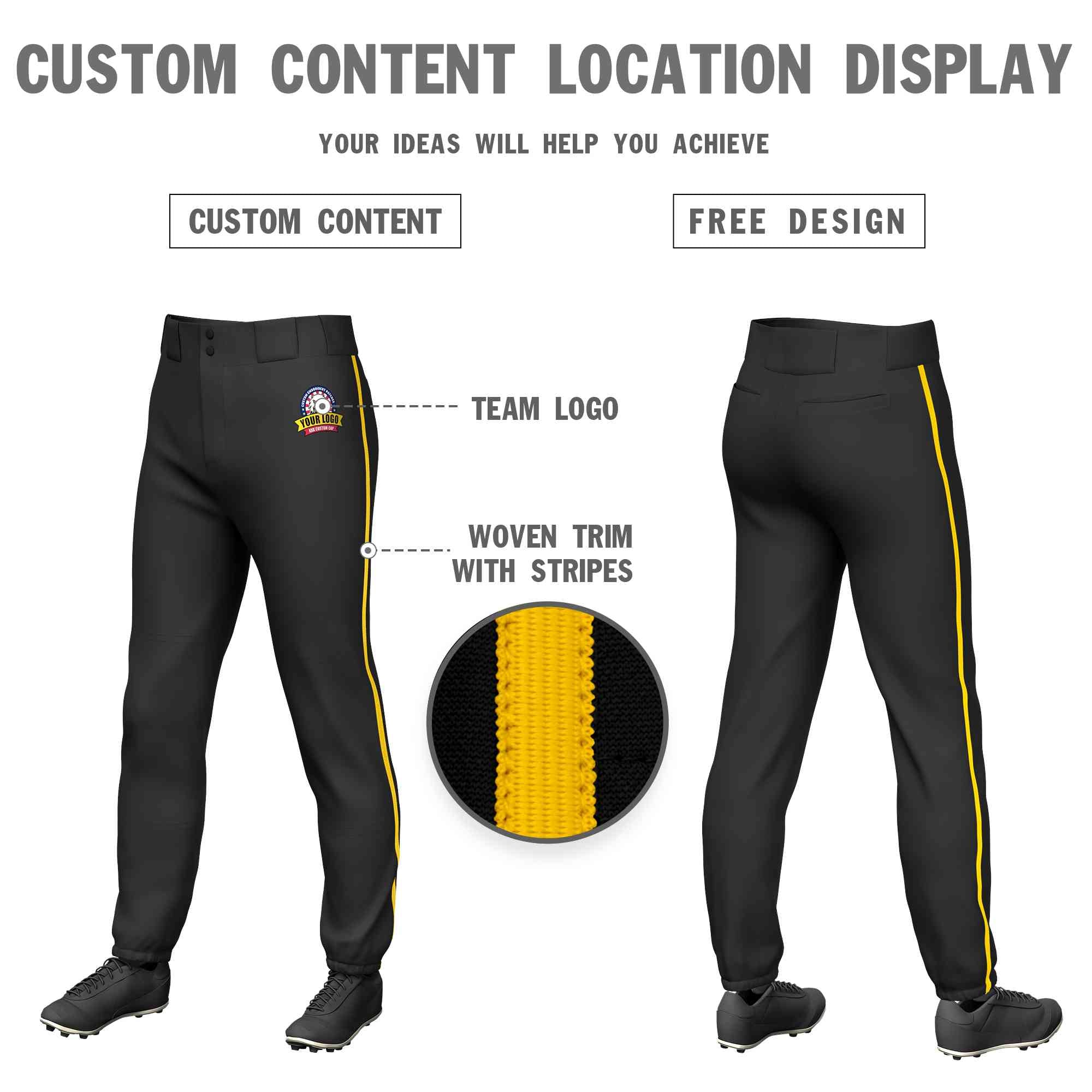 Custom Black Gold Classic Fit Stretch Practice Pull-up Baseball Pants