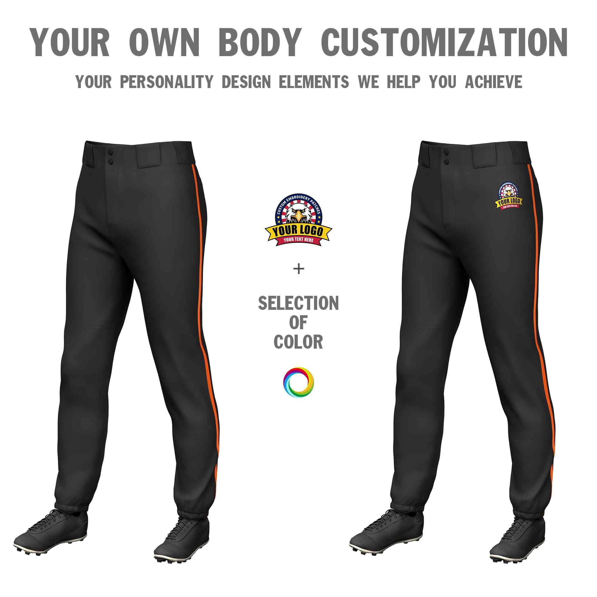 Custom Black Orange Classic Fit Stretch Practice Pull-up Baseball Pants